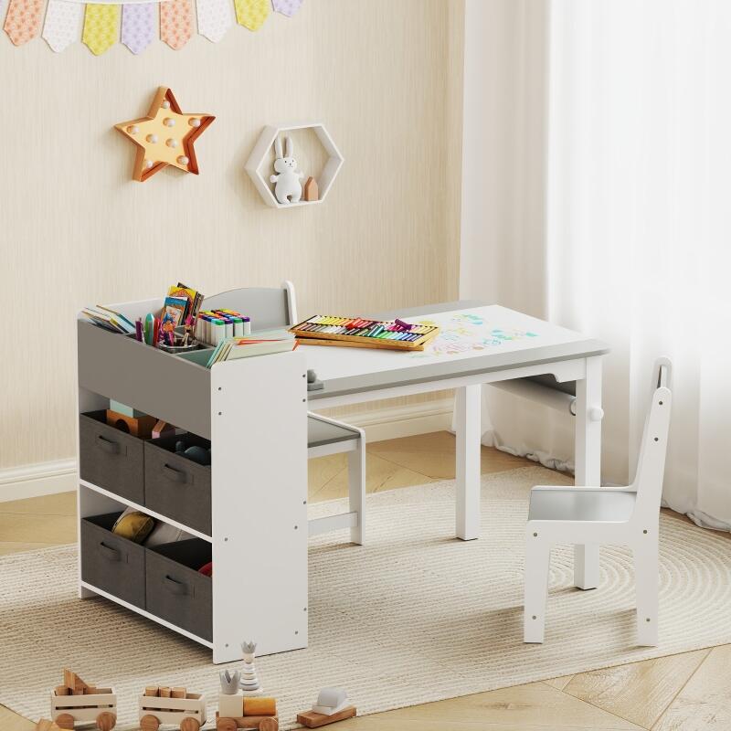 Ensemble table et 2 chaises enfant en bois avec rouleau de papier, étagères et tiroirs, pour fille garçon 3-8 ans, gris