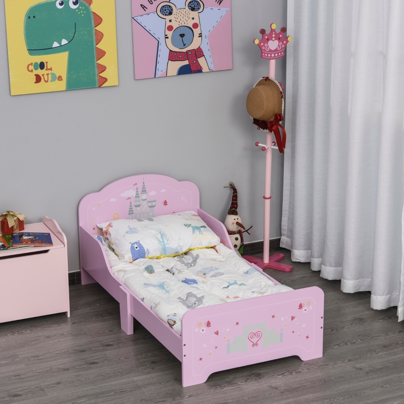 HOMCOM Kids Bed Princess Castle Theme w/ Side Rails Slats Home Furniture for 3 - 6 Yrs Pink 143 x 73 x 60 cm