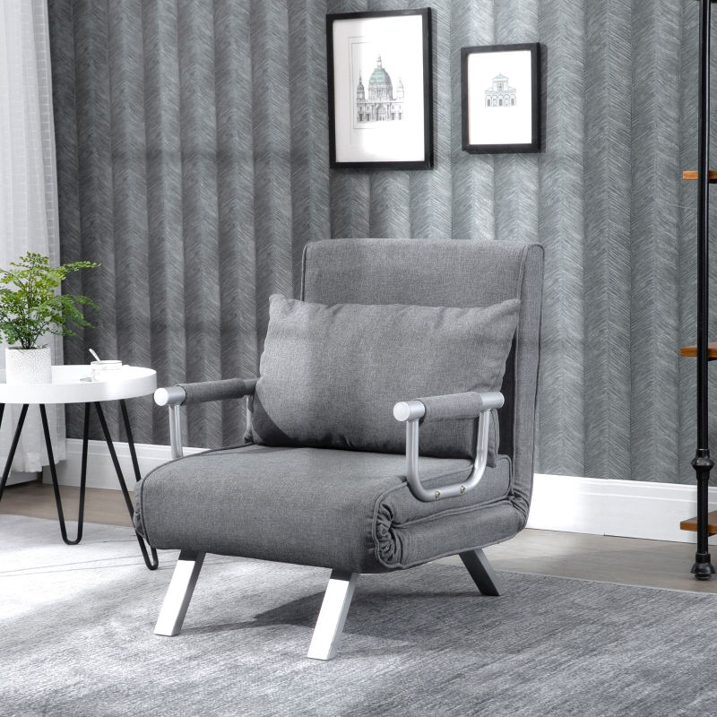 HOMCOM Fauteuil chauffeuse canapé-lit Convertible 1 Place déhoussable Grand Confort Coussin Pieds accoudoirs métal Lin Gris Clair