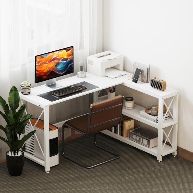 Bureau d'angle modulable réversible, bureau avec rangement, étagère de rangement, cadre en métal, 135x110x75cm, blanc