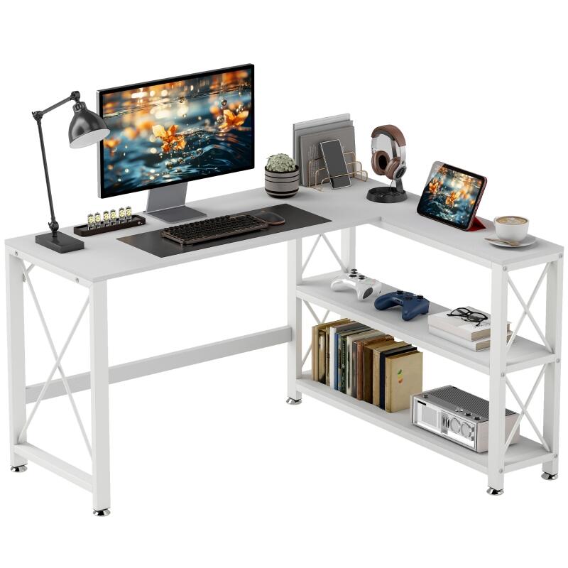 Bureau d'angle modulable réversible, bureau avec rangement, étagère de rangement, cadre en métal, 135x110x75cm, blanc