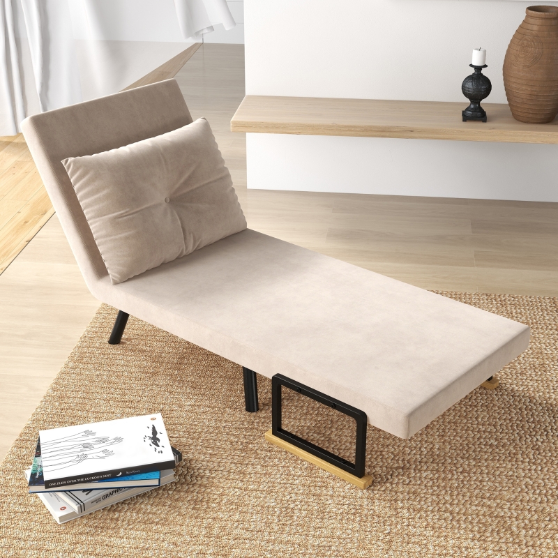 Fauteuil convertible 3 en 1 lit 1 place dossier 5 positions, accoudoirs en bois et coussin, tissu effet velours, beige