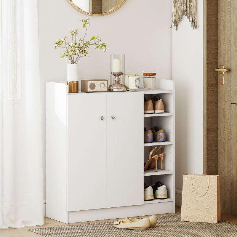HOMCOM Meuble de rangement à chaussures pour entrée 12 paires - armoire à chaussures avec 4 compartiments ouverts et placard double porte - étagère réglable - 83L x 30l x 90H cm - blanc