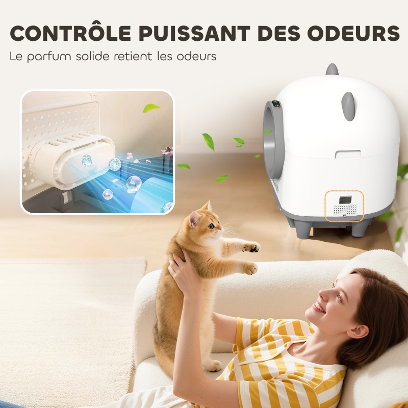 Bac à litière pour chat autonettoyant 80L, bac à litière automatique contrôle app, anti-pinch, 55,5 x 51 x 60 cm, blanc