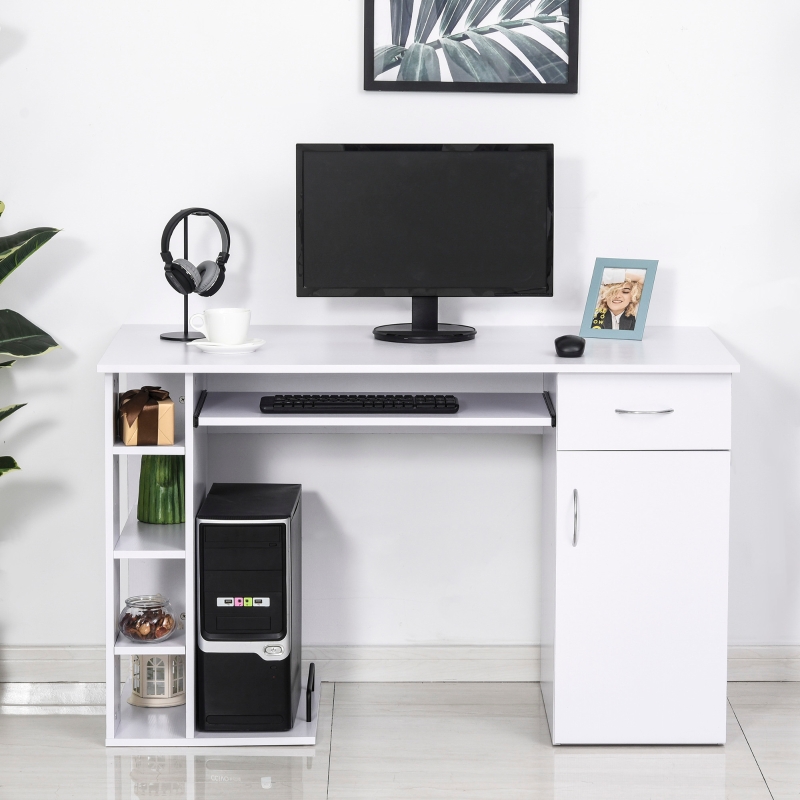 HOMCOM Bureau informatique table d'ordinateur multimédia multi-rangements avec étagère tiroir tablette clavier MDF 120 x 60 x 74 cm blanc
