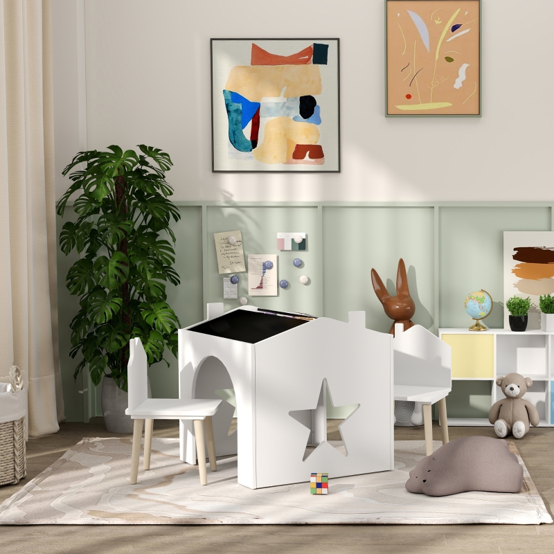 Ensemble 1 table et 2 chaise 3 pièces pour enfants, plateau de tableau noir, MDF et pieds en pin, pour 3-8 ans, blanc
