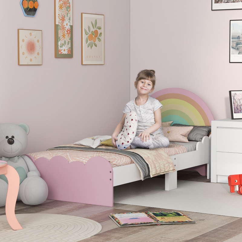 Lit pour enfants de 3 à 6 ans 143 x 74 x 66 cm design arc-en-ciel sommier à lattes inclus chambre moderne rose