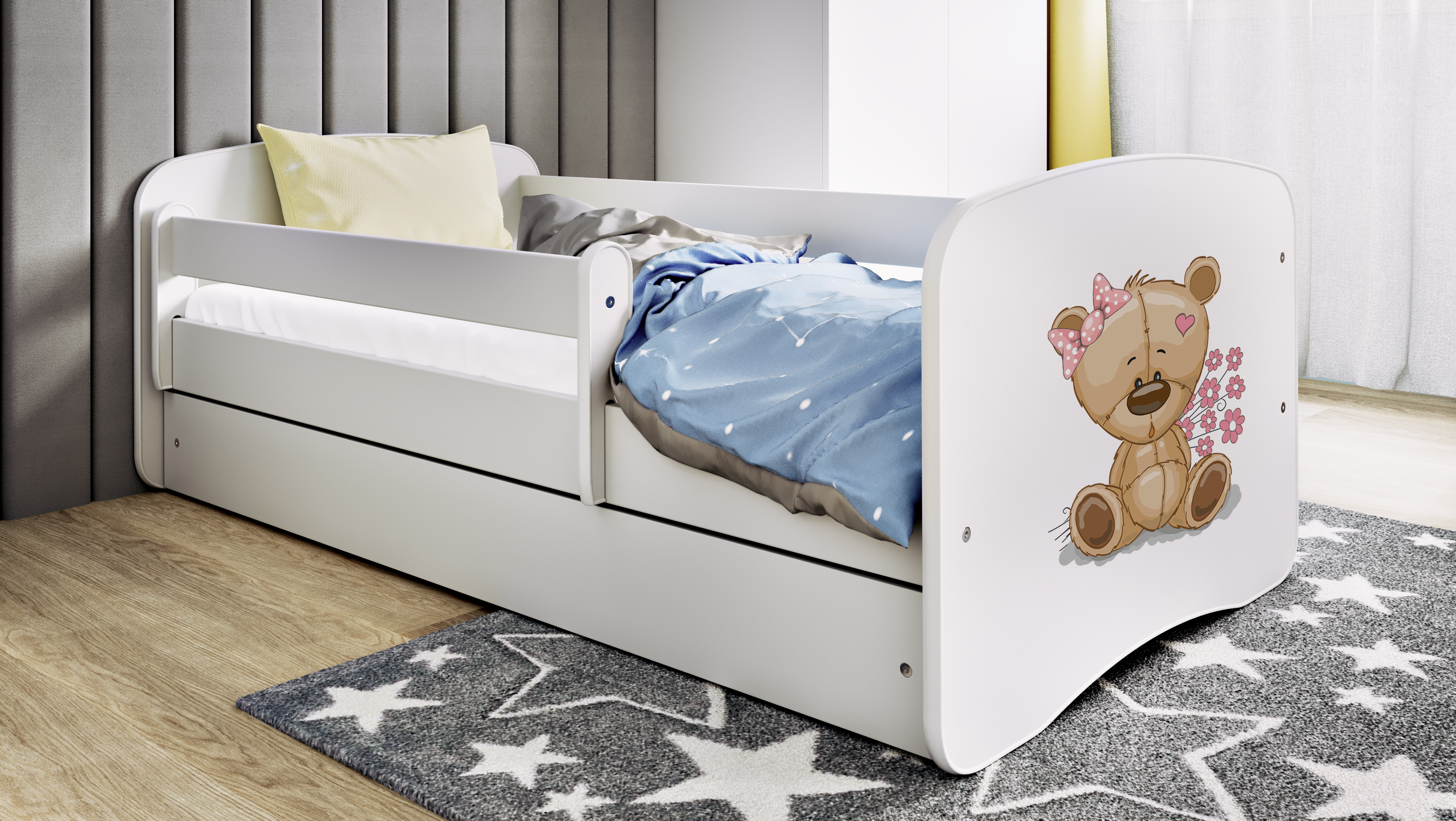 Lit enfant blanc, motif ourson et fleurs