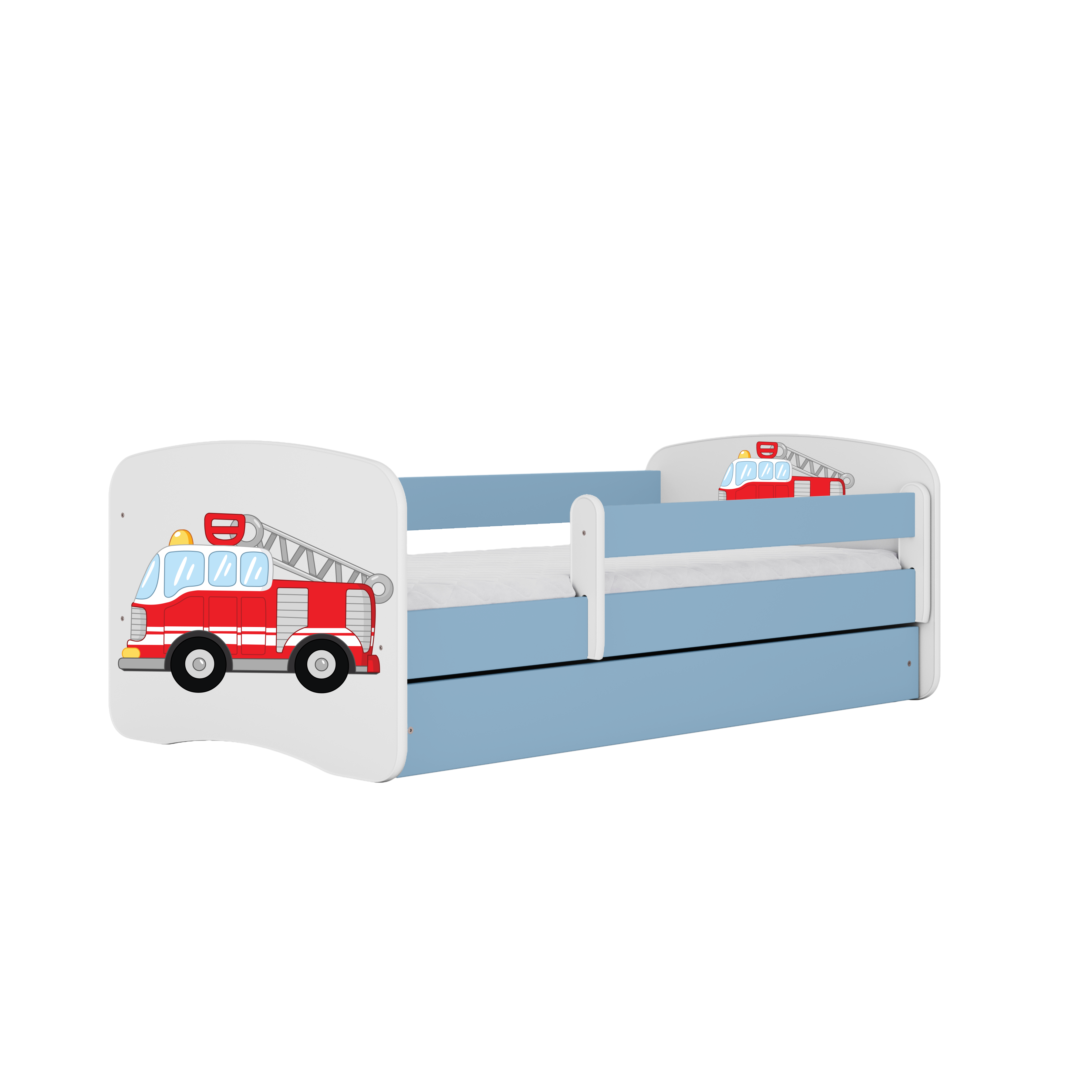 Lit enfant bleu, motif camion de pompiers