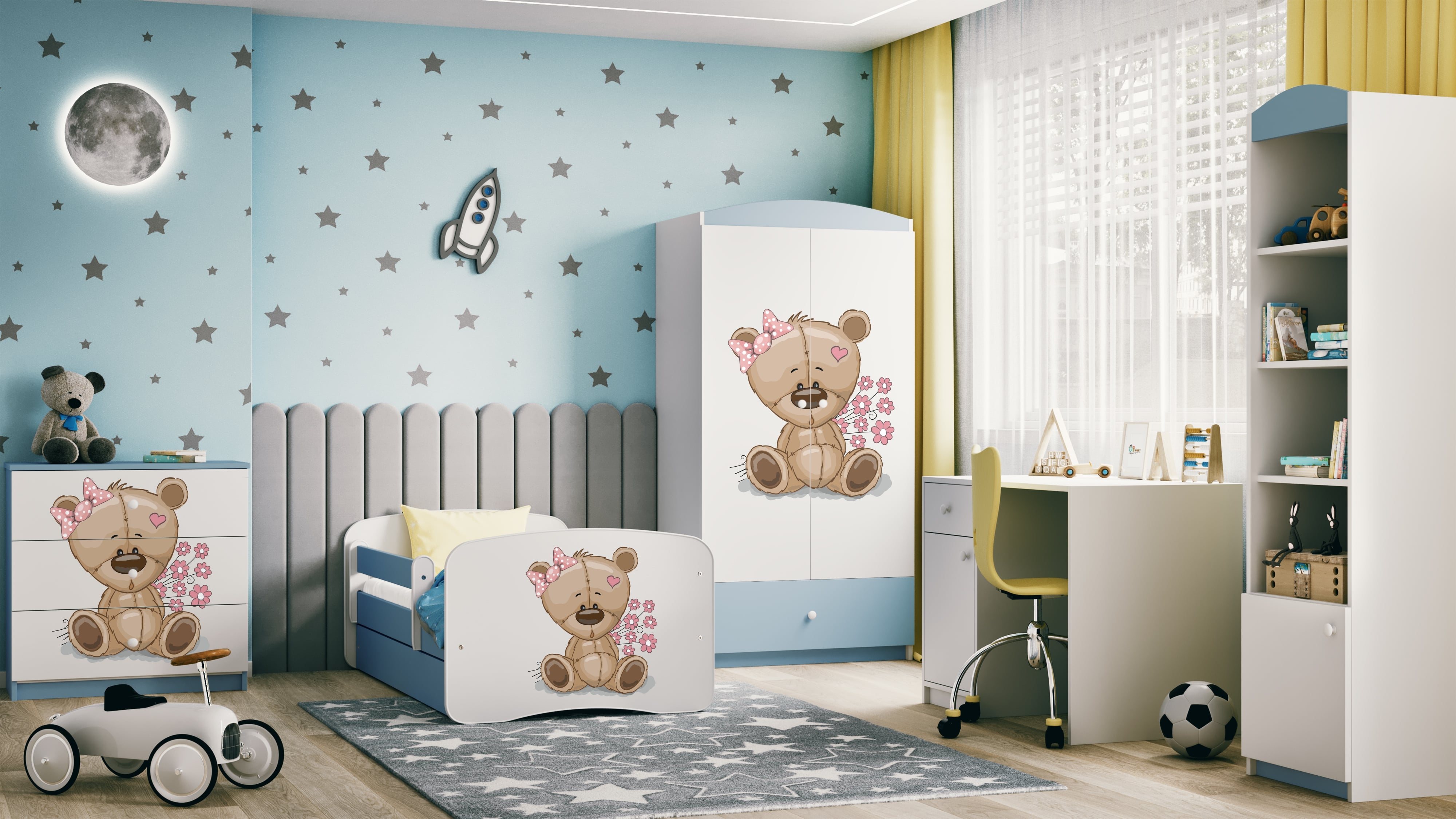 Lit enfant bleu, motif ourson et fleurs