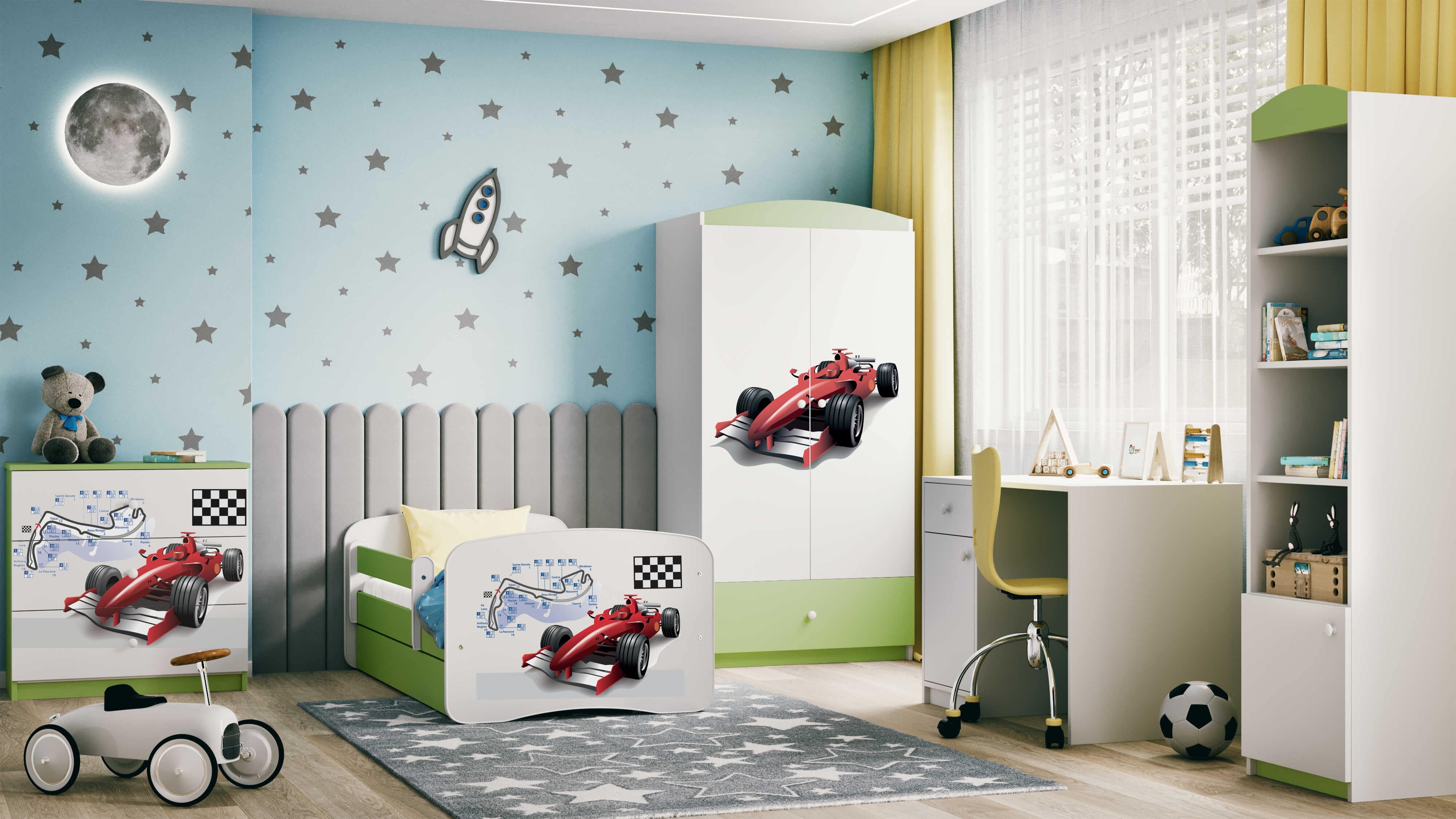 Lit enfant vert, motif Formule 1