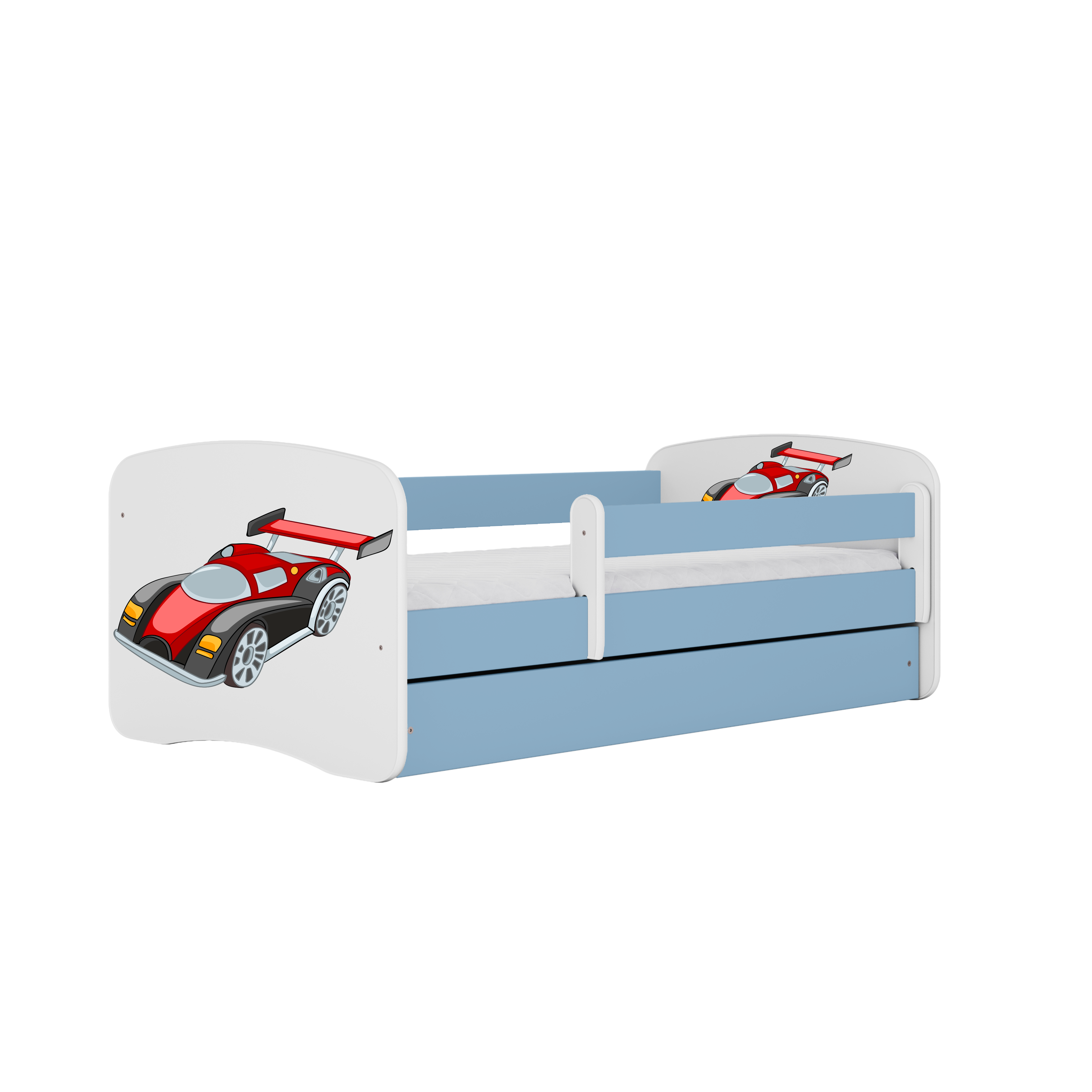 Lit enfant bleu, motif voiture de course