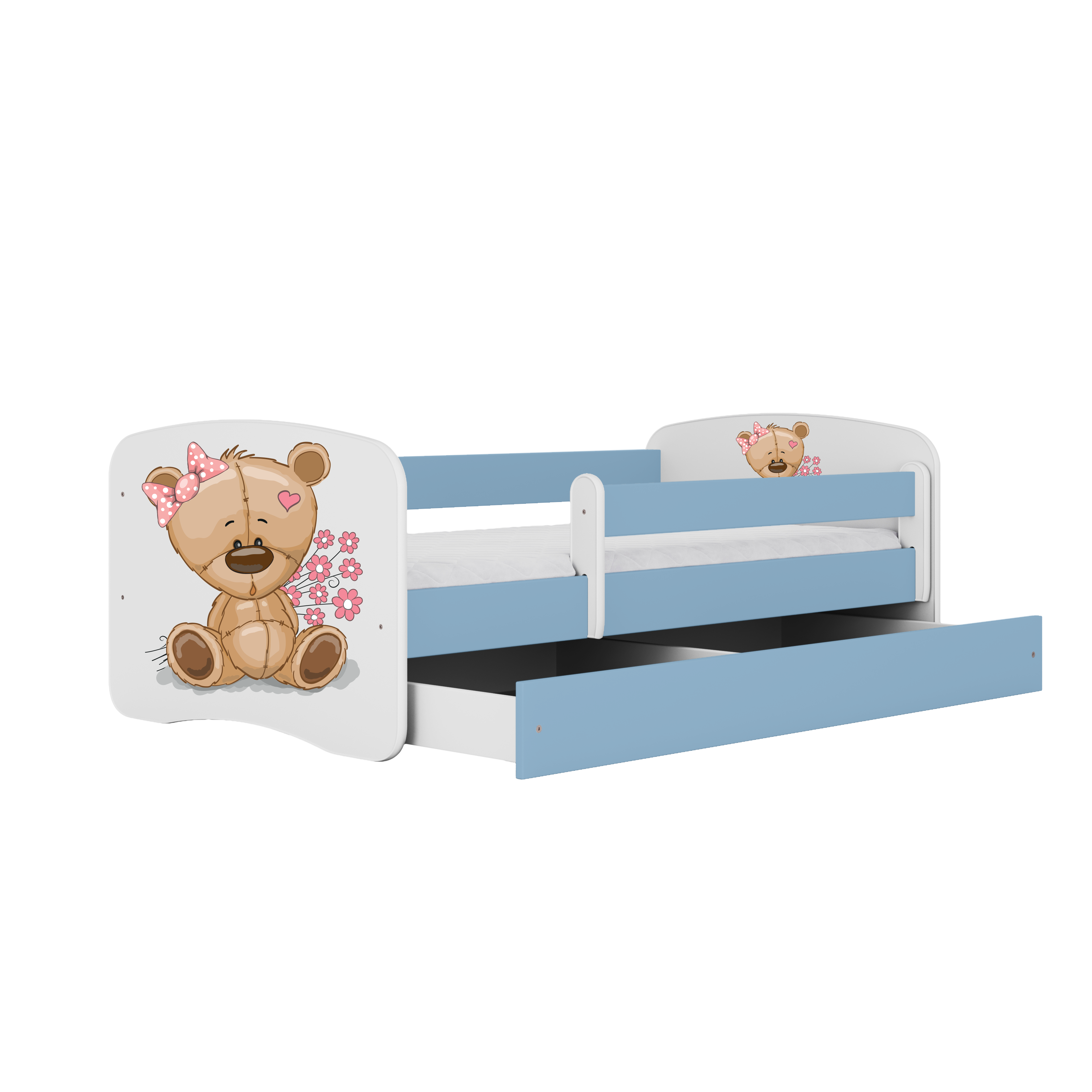 Lit enfant bleu, motif ourson et fleurs