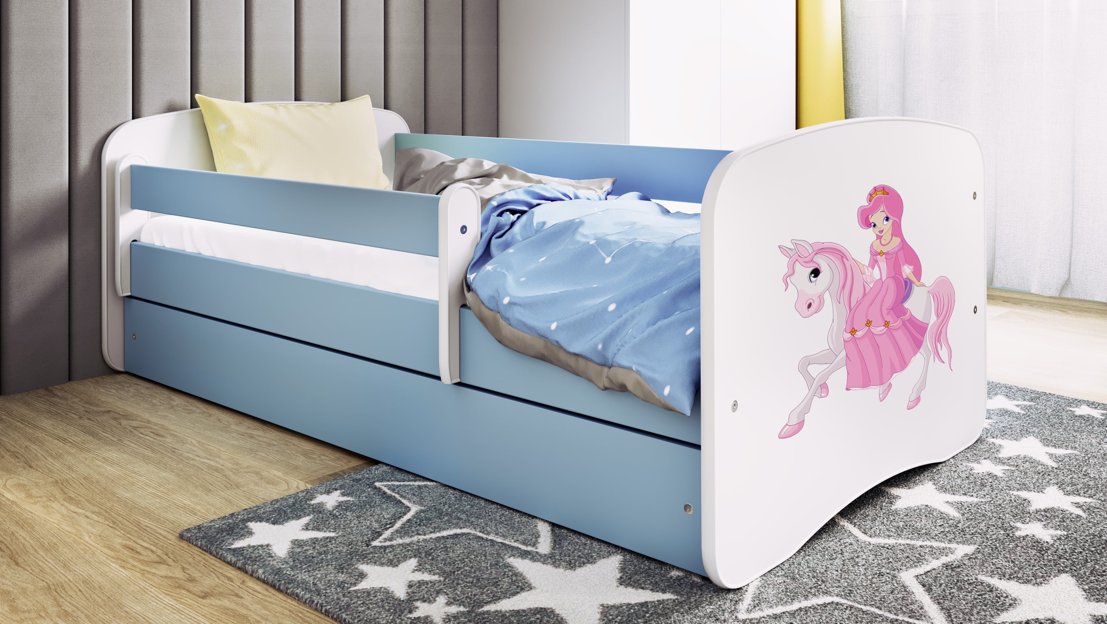 Lit enfant bleu, motif princesse à cheval
