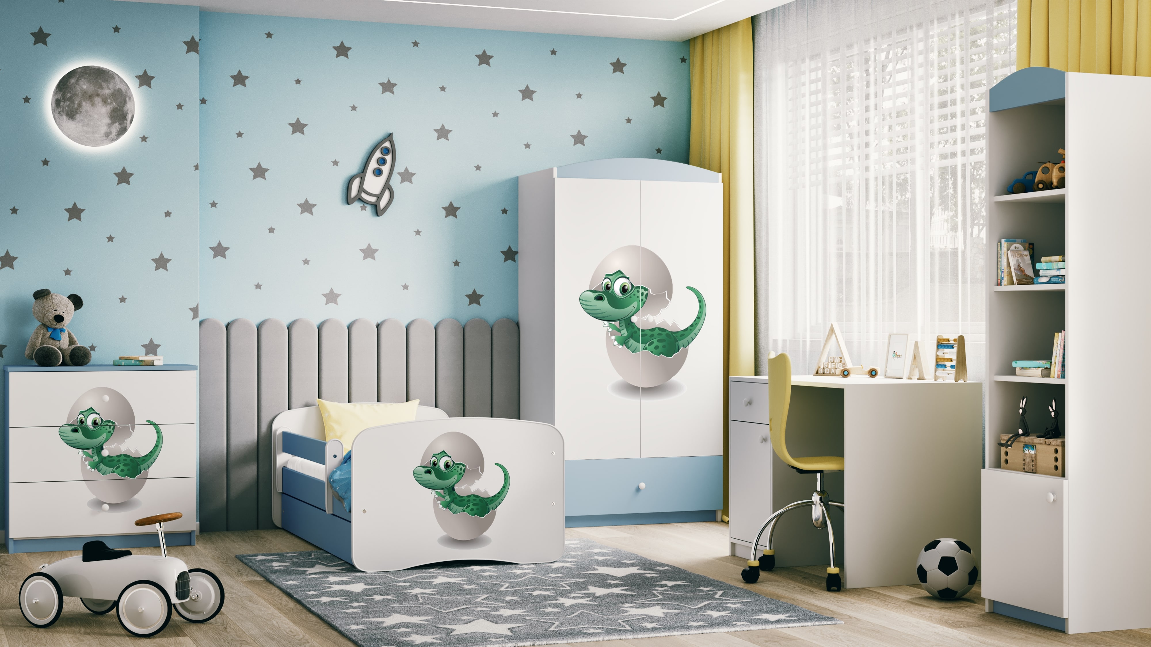 Lit enfant bleu, motif petit dinosaure