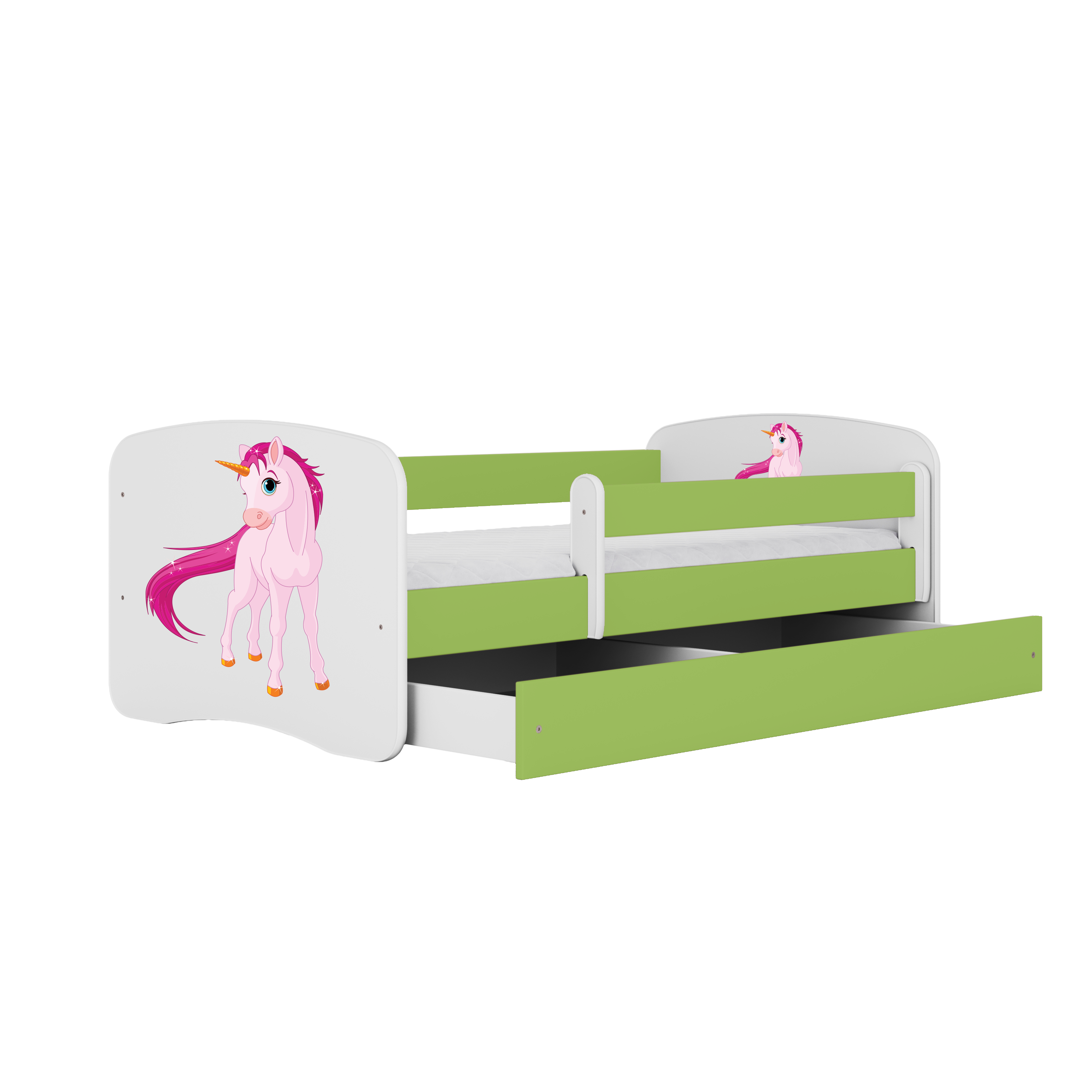 Lit enfant vert, motif licorne