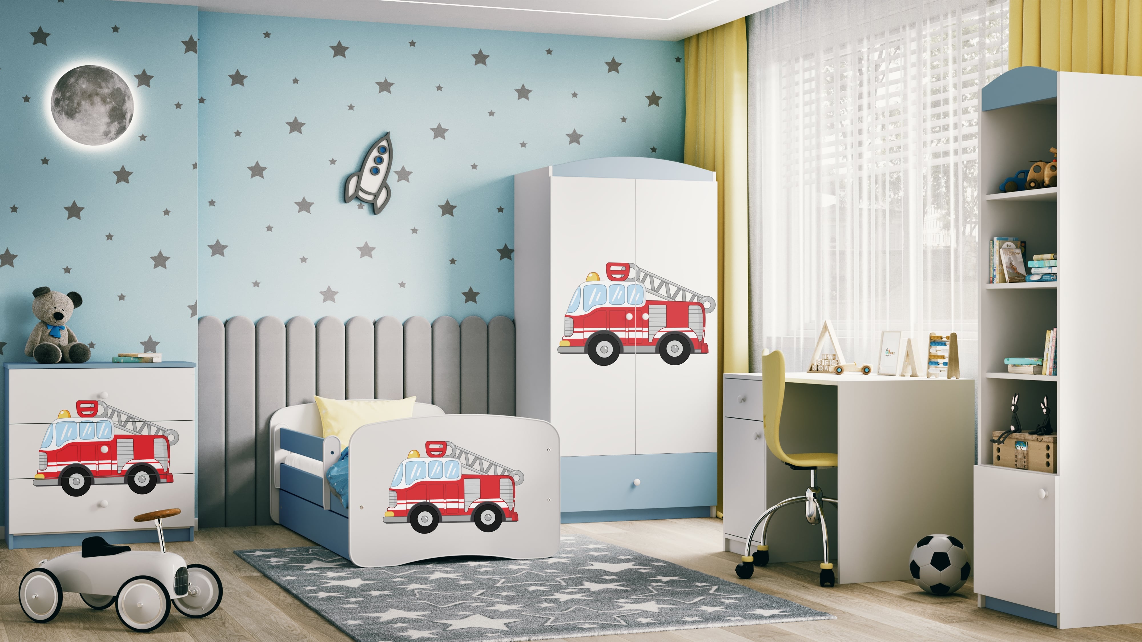 Lit enfant bleu, motif camion de pompiers