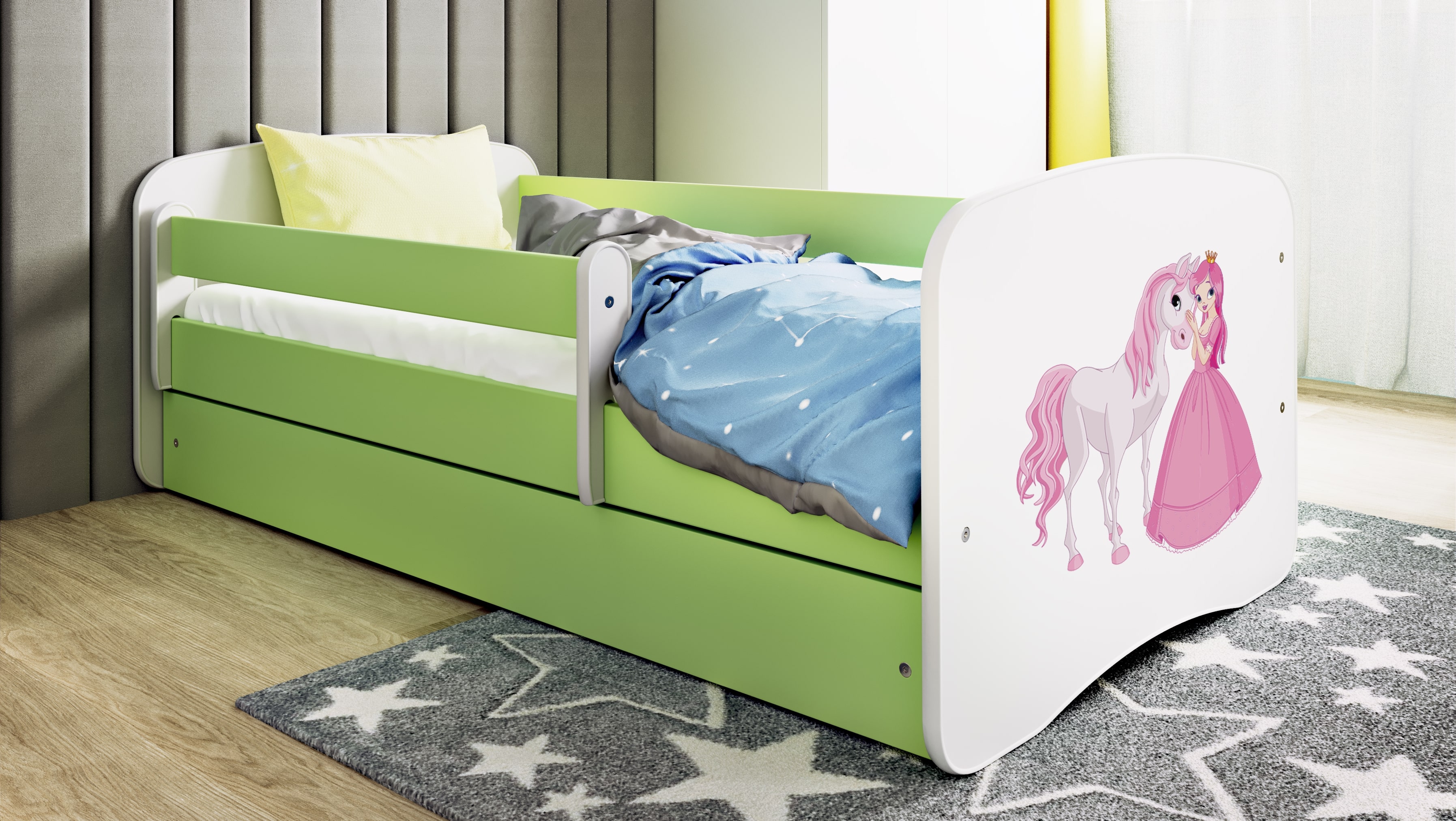 Lit enfant vert, motif princesse et cheval
