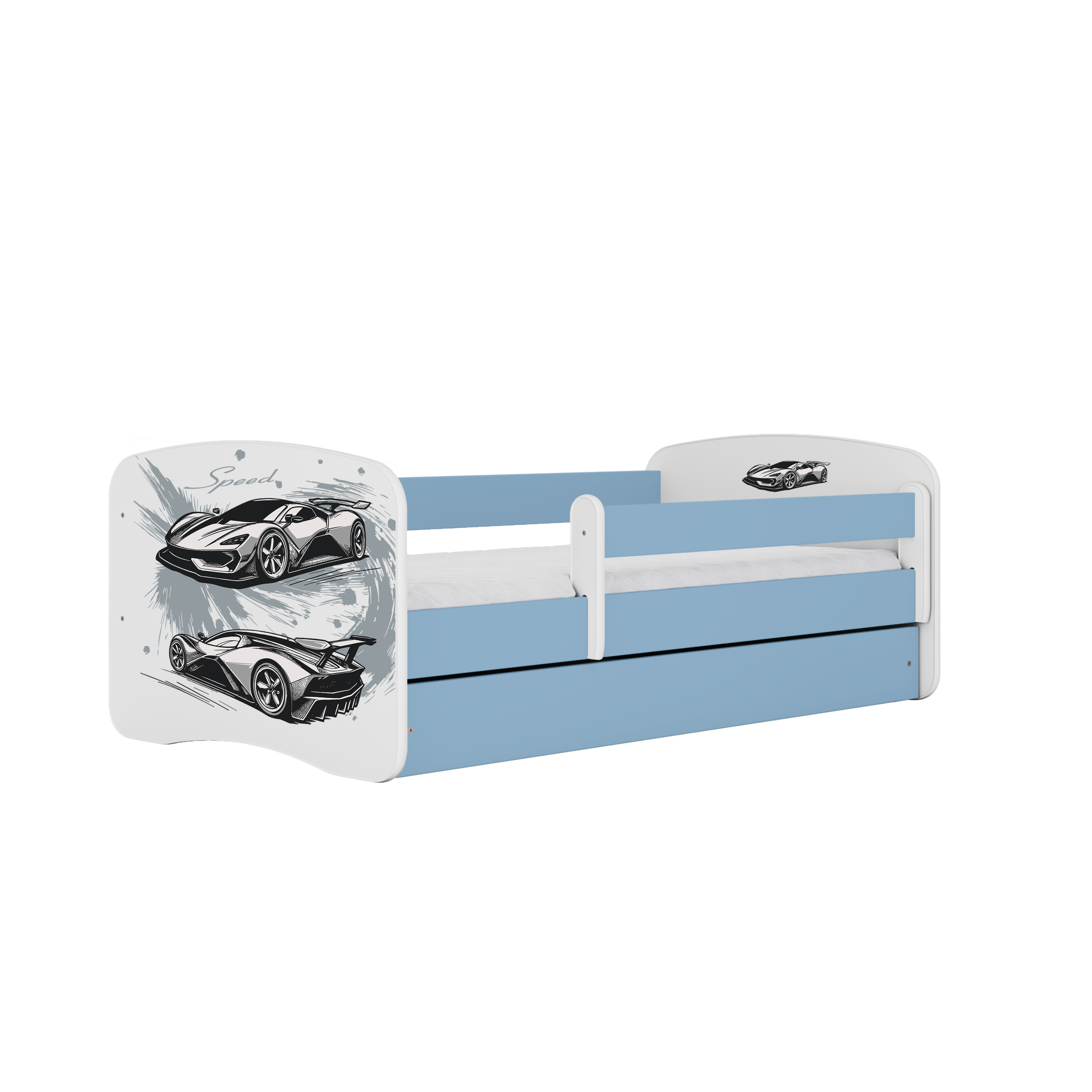 Lit enfant bleu, motif voiture de sport