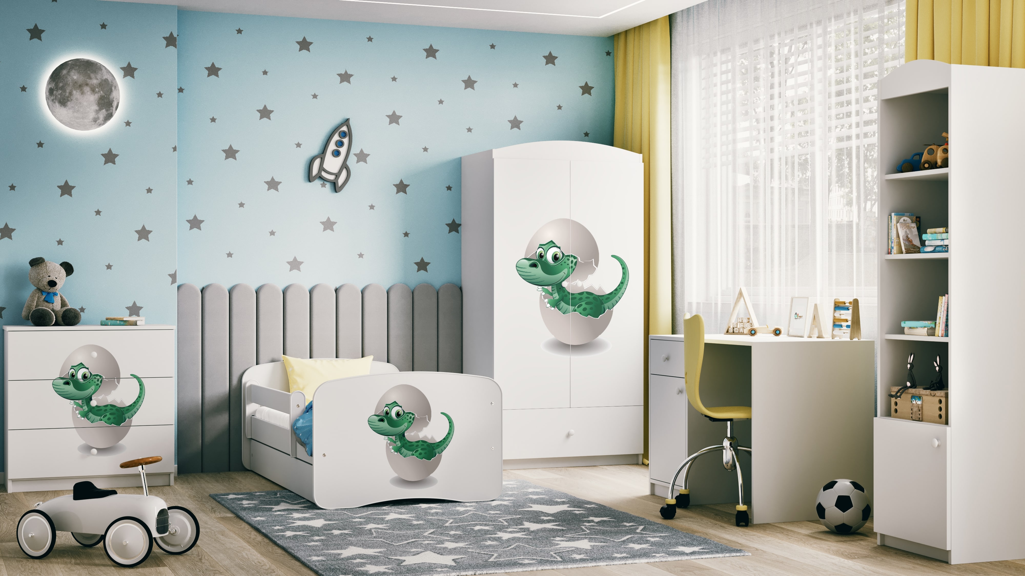 Lit enfant blanc, motif petit dinosaure