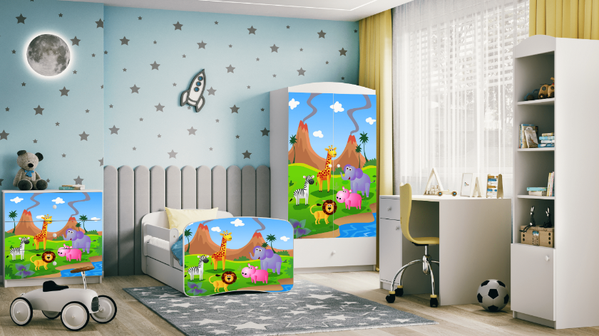 Lit enfant blanc, motif safari
