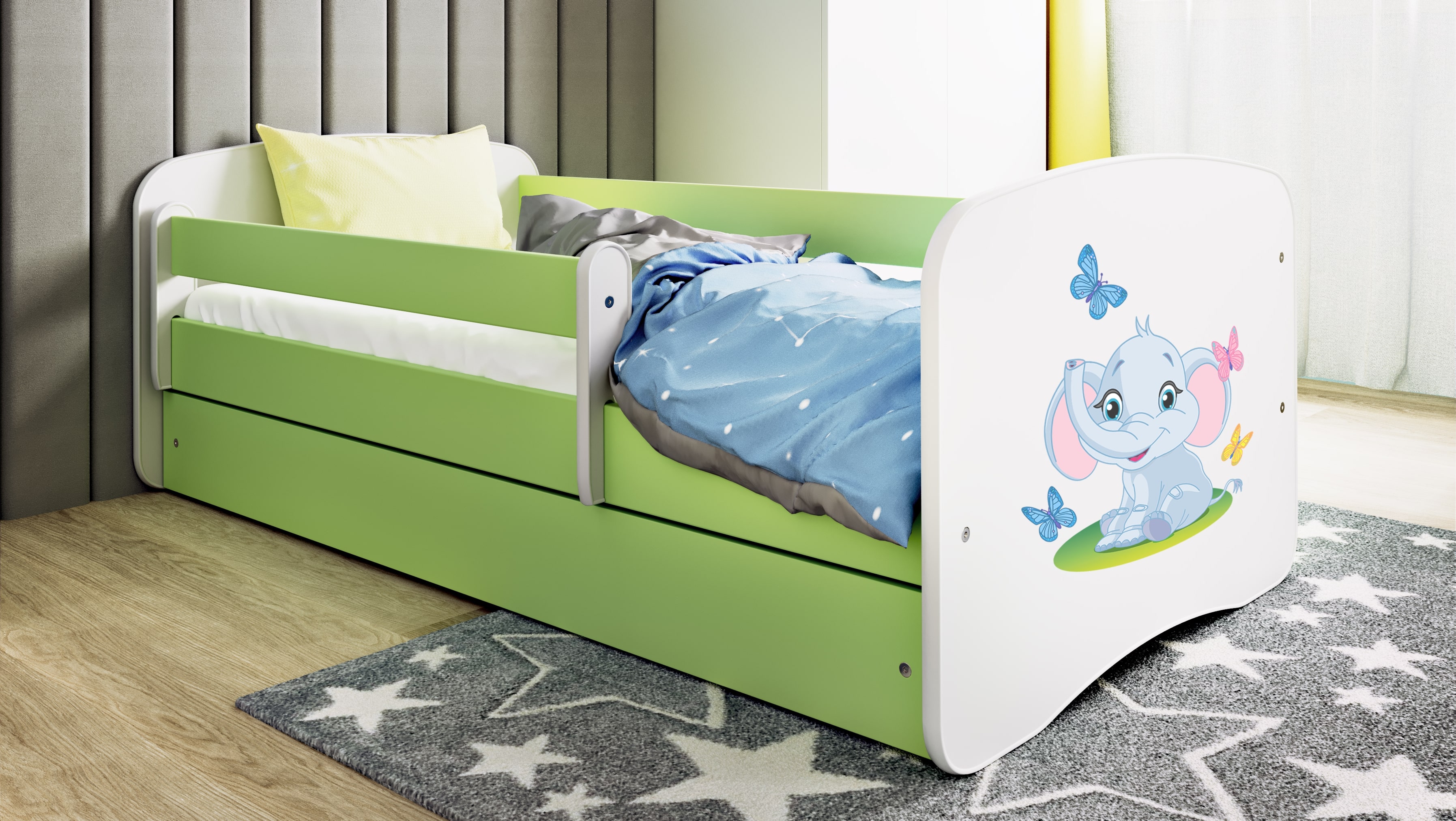 Lit enfant vert, motif éléphant