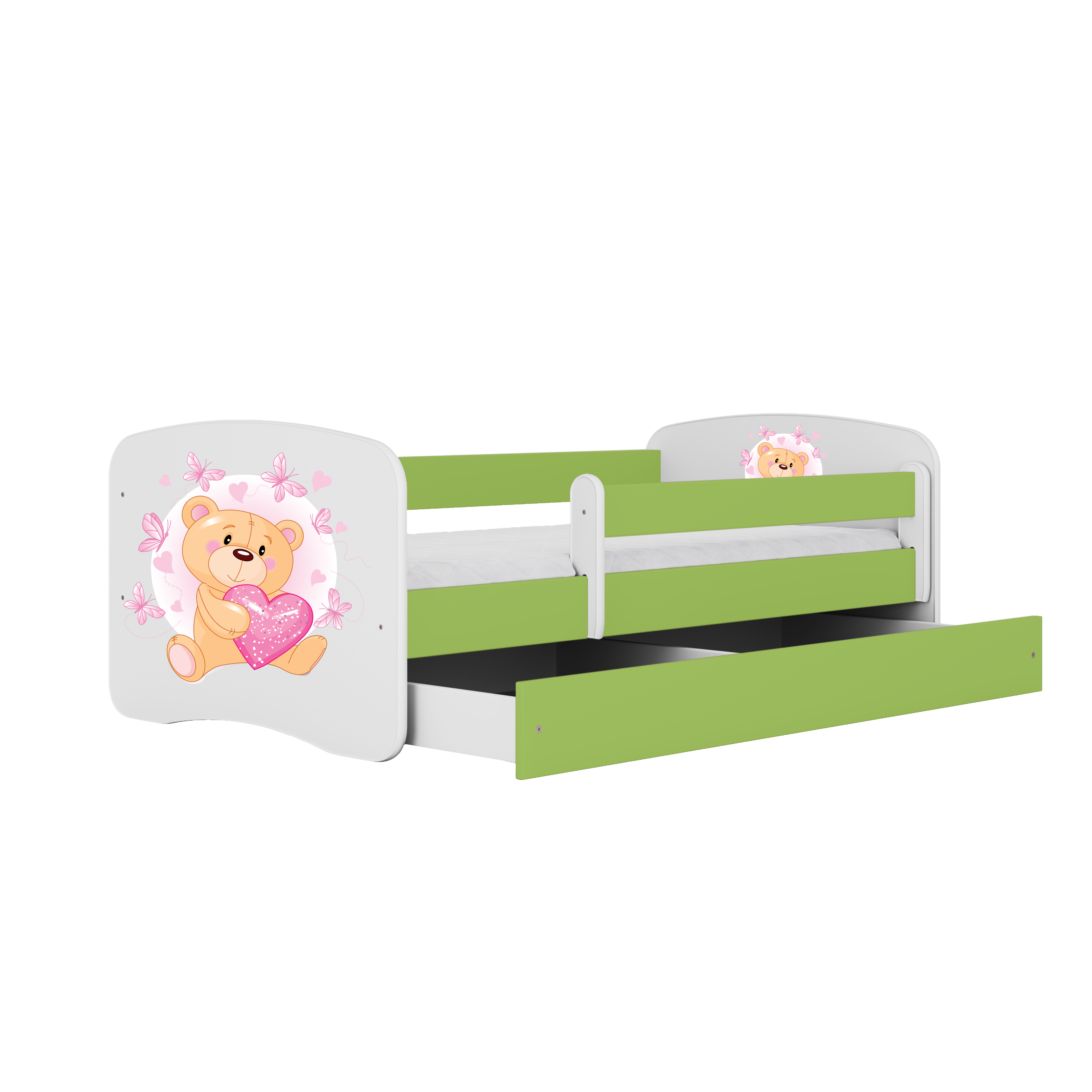 Lit enfant vert, motif ourson et papillons