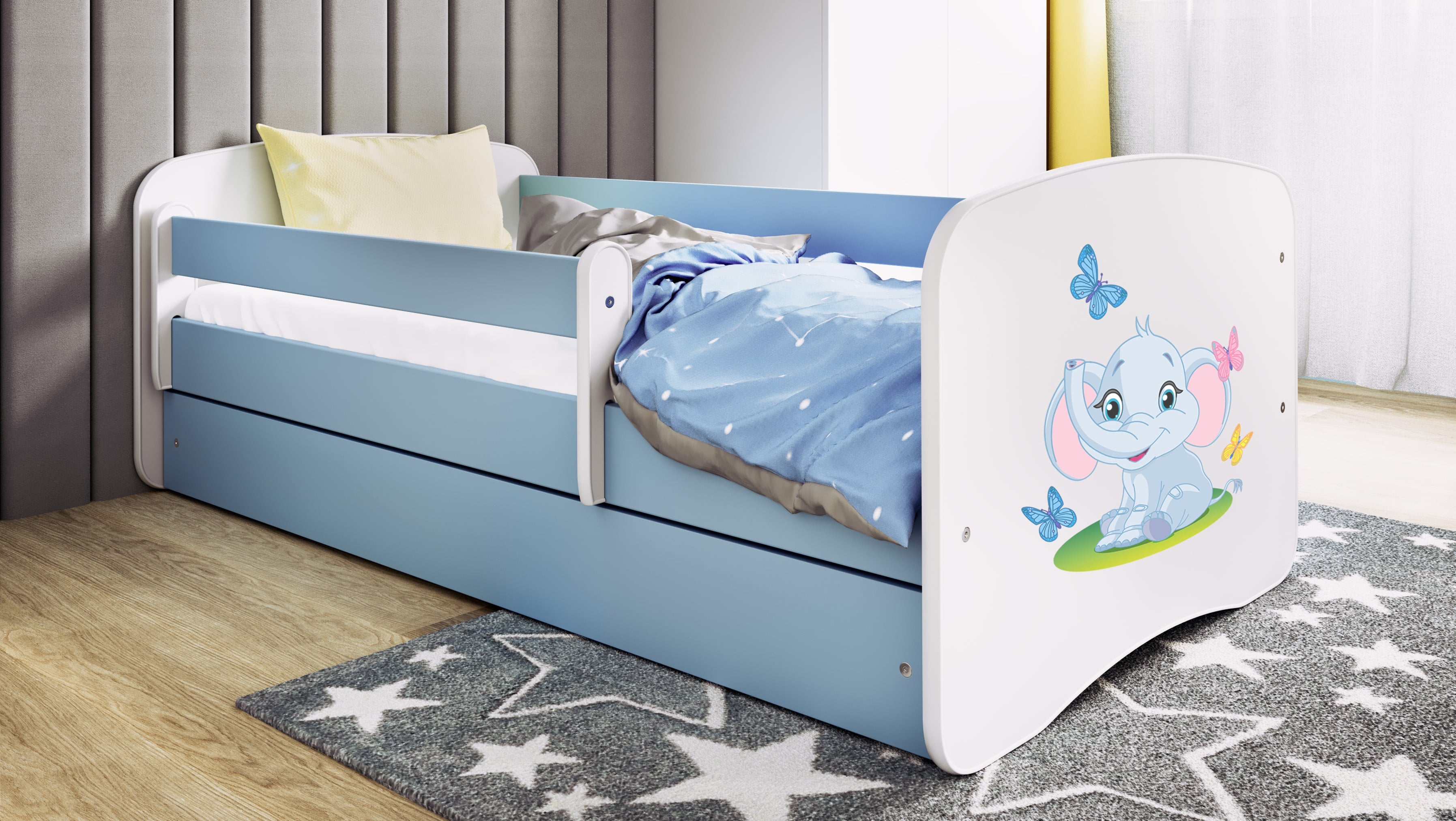 Lit enfant bleu, motif éléphant
