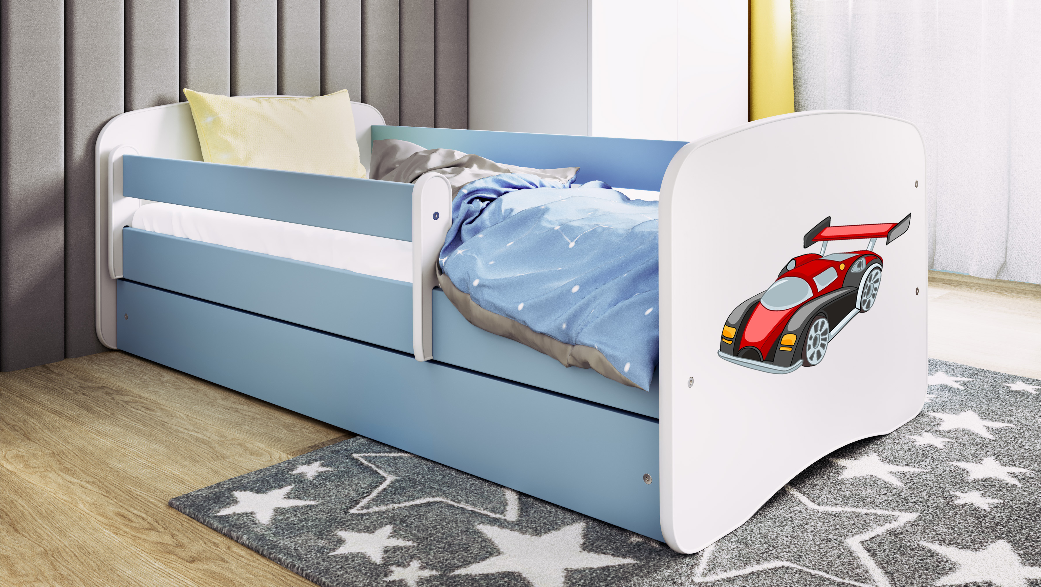 Lit enfant bleu, motif voiture de course