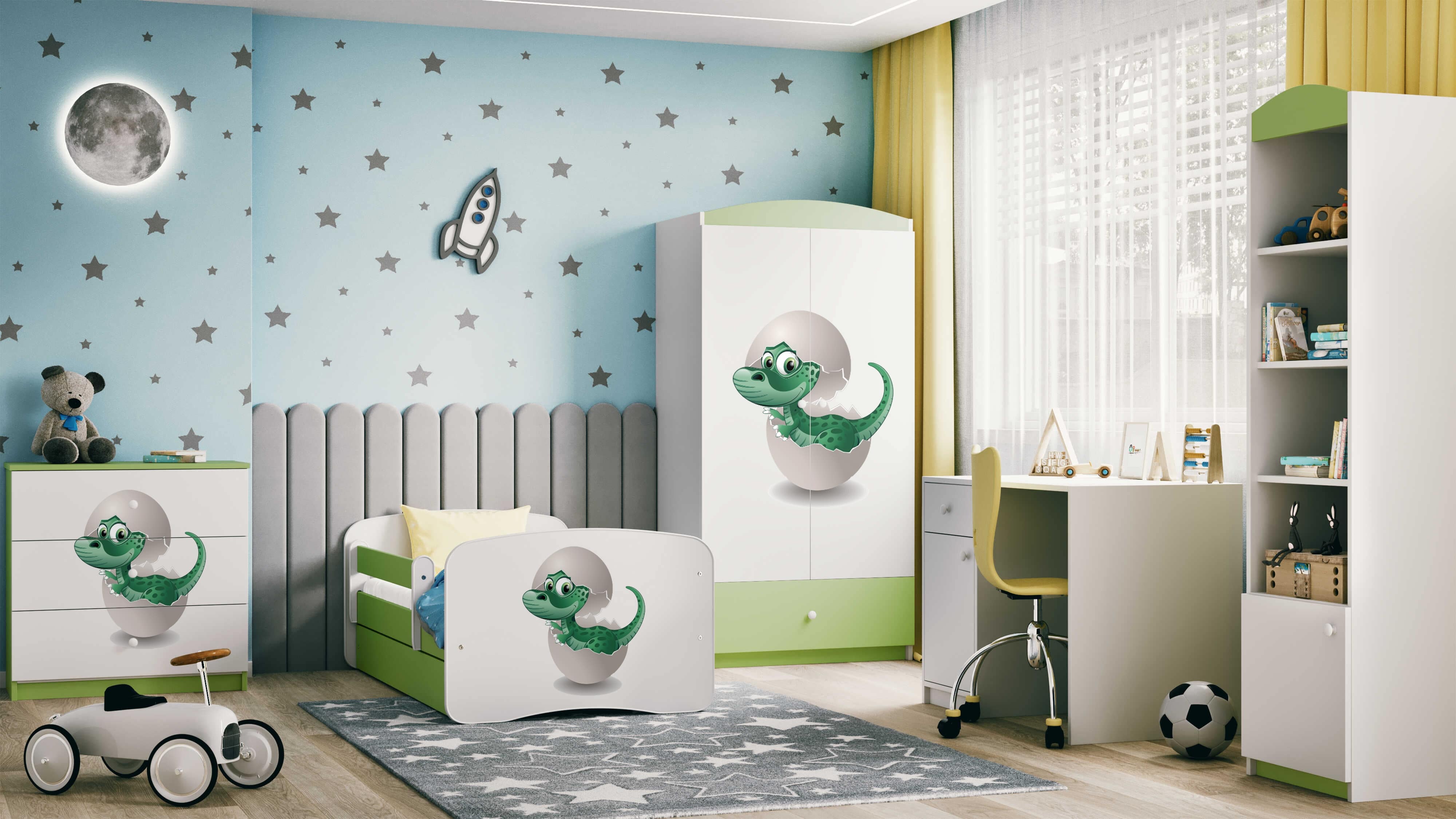 Lit enfant vert, motif petit dinosaure