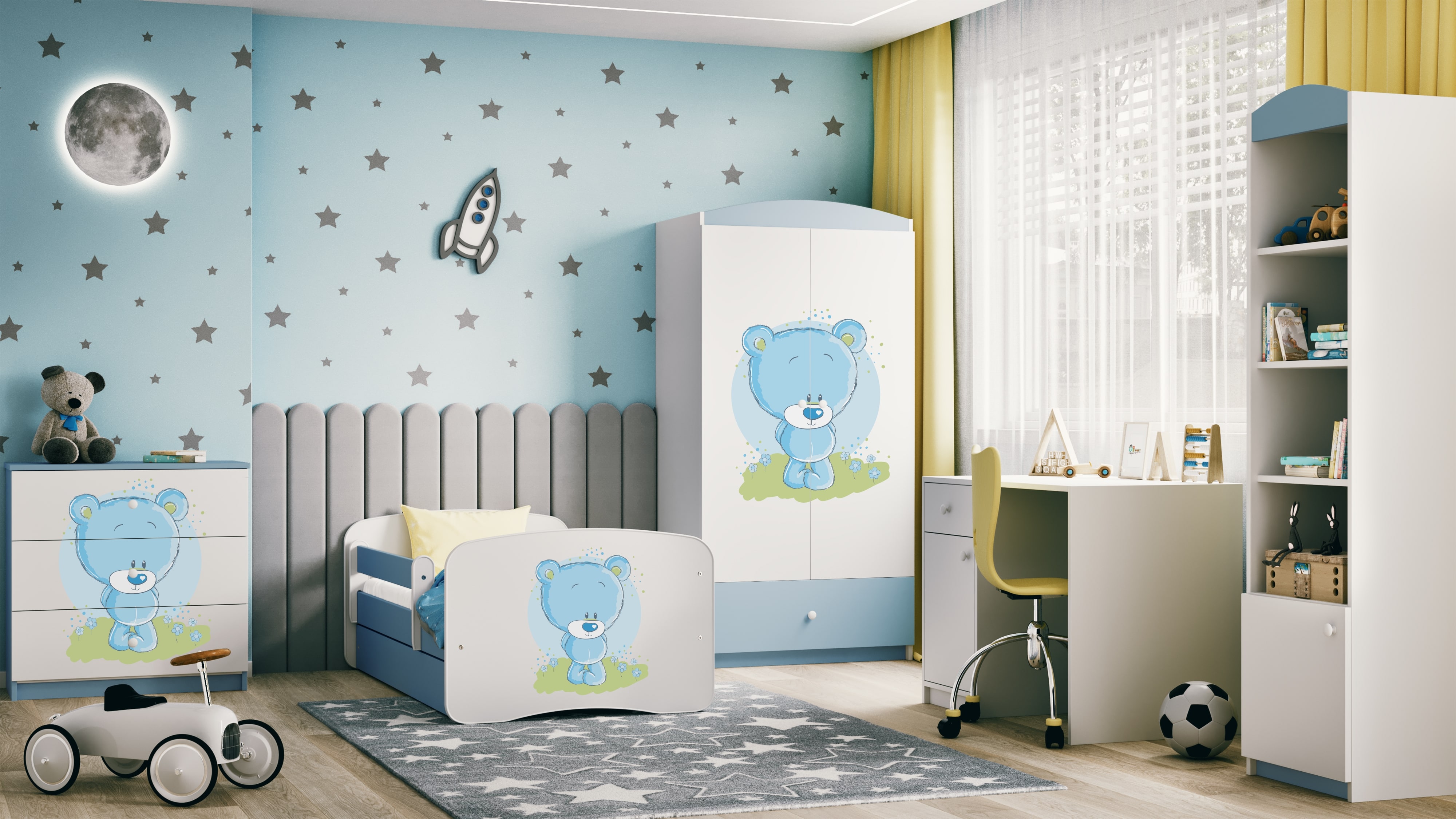 Lit enfant bleu, motif ourson bleu et fleurs