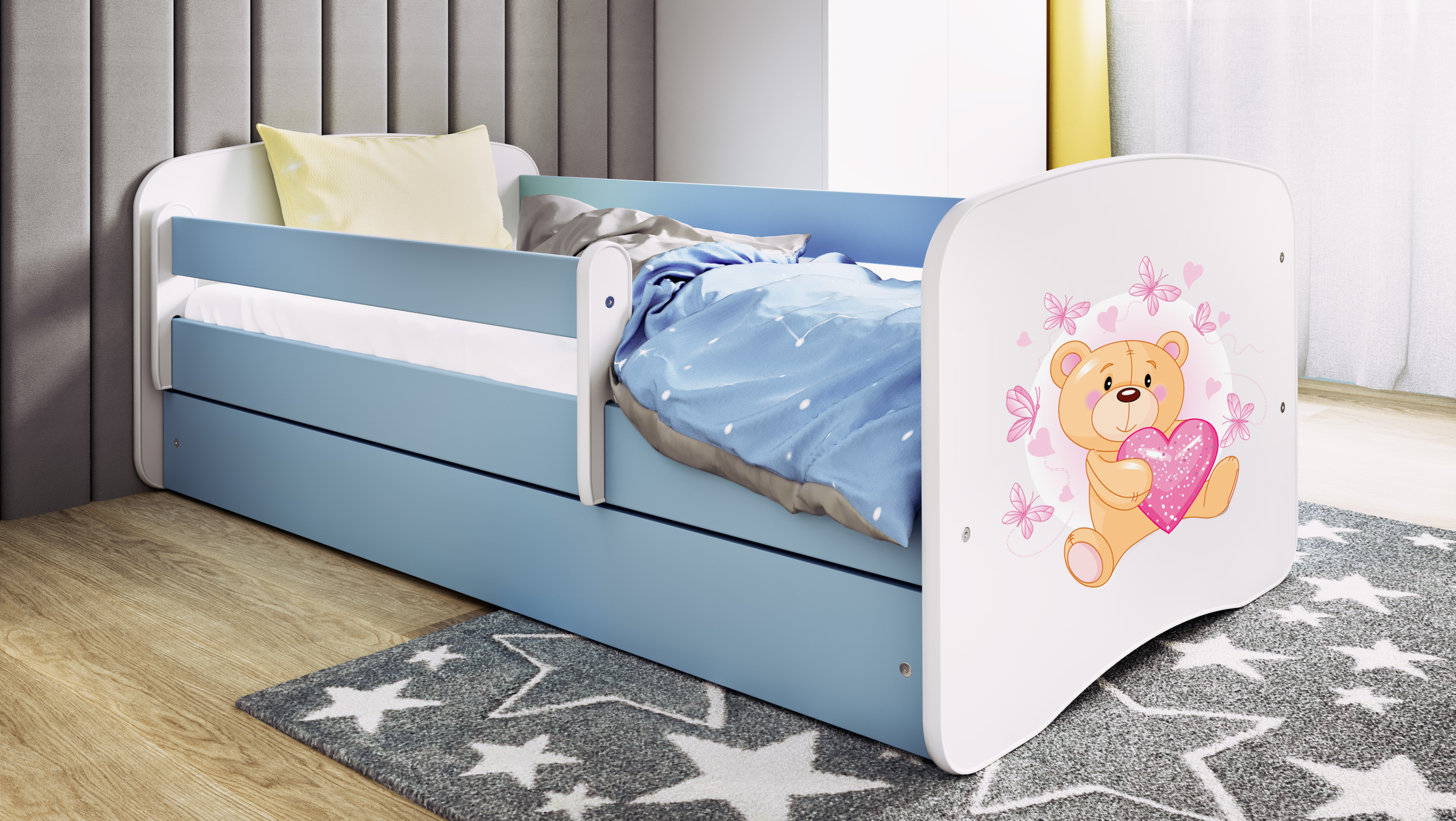 Lit enfant bleu, motif ourson et papillons