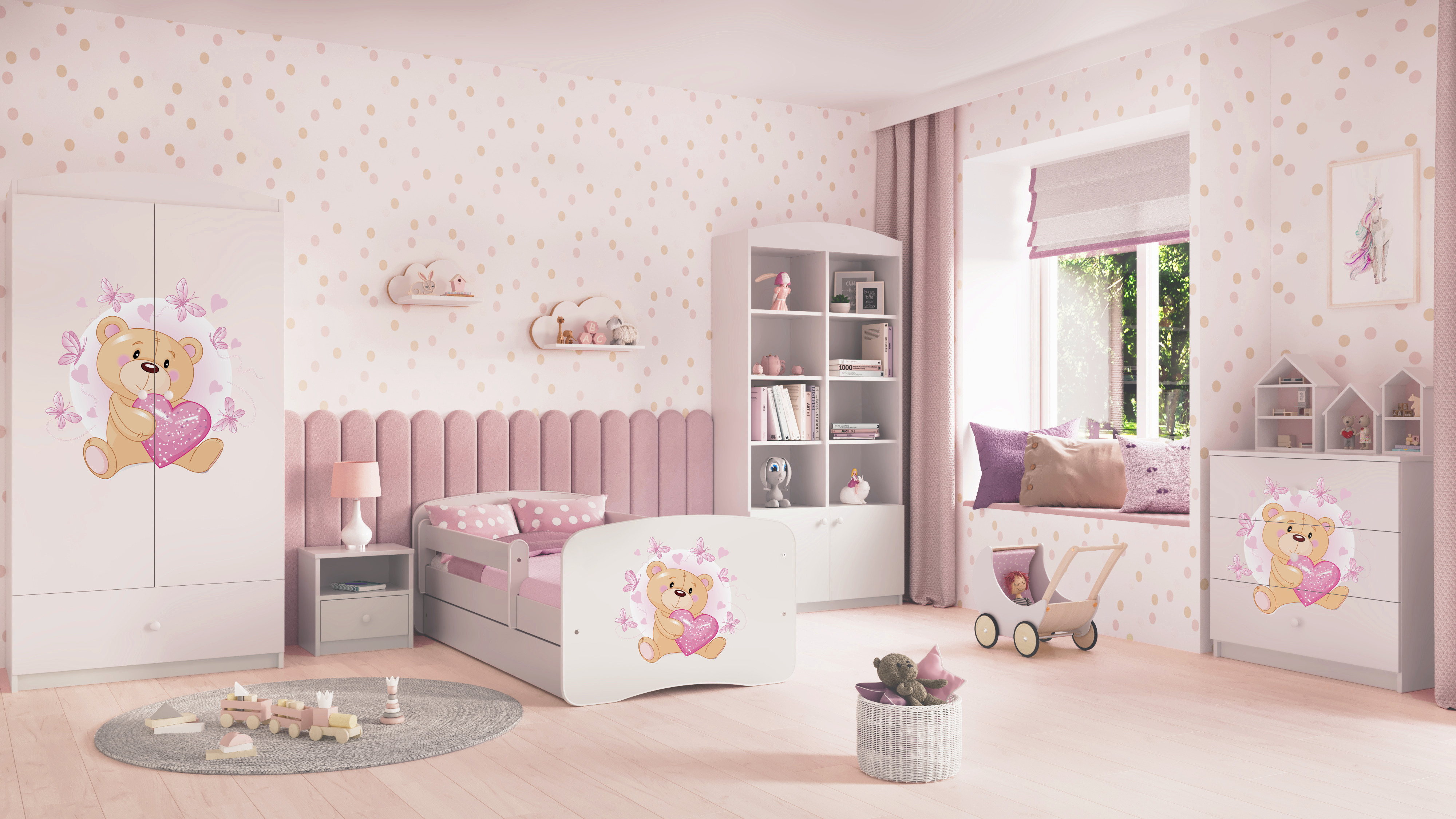 Lit enfant blanc, motif ourson et papillons