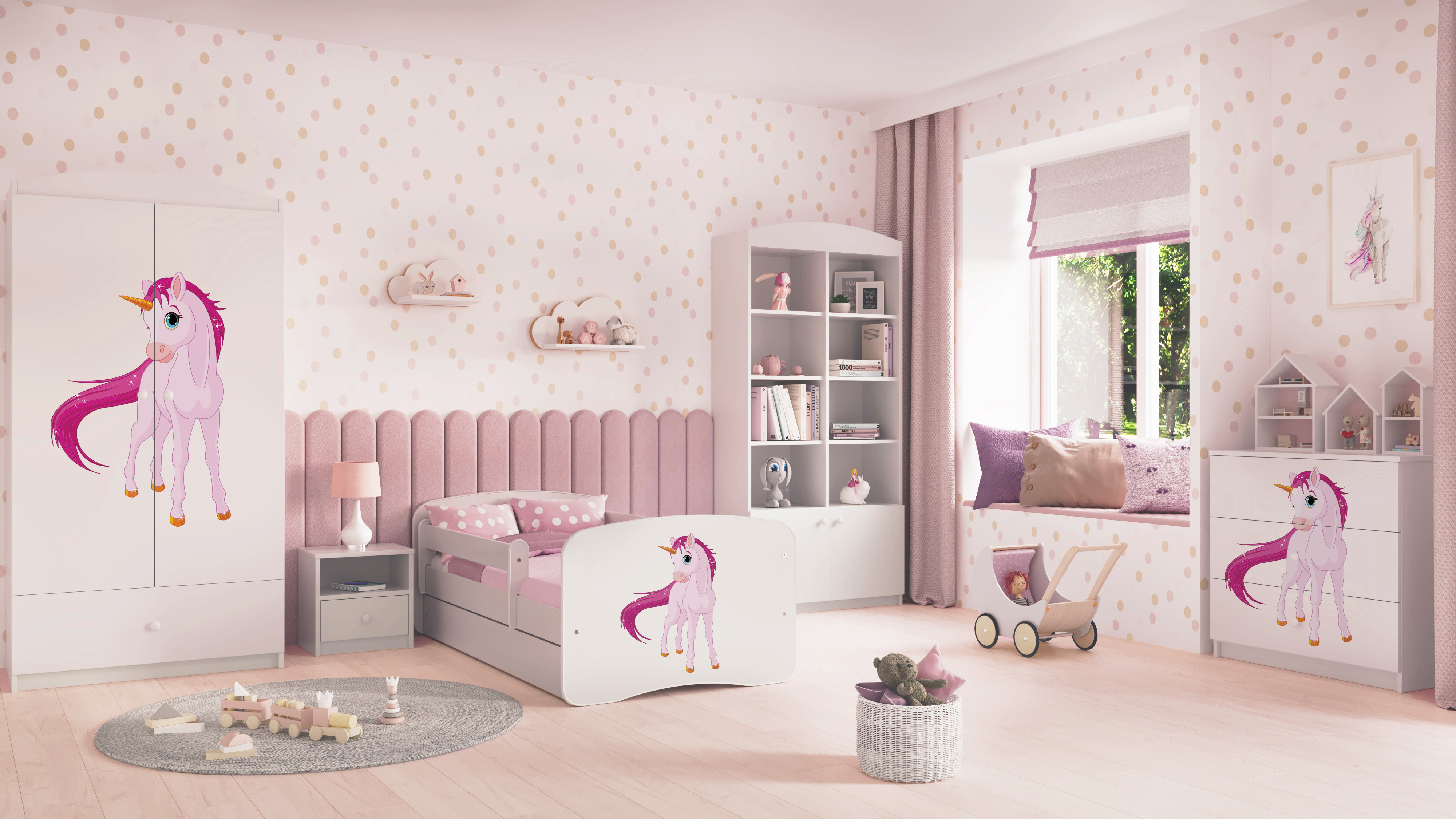 Lit enfant blanc, motif licorne