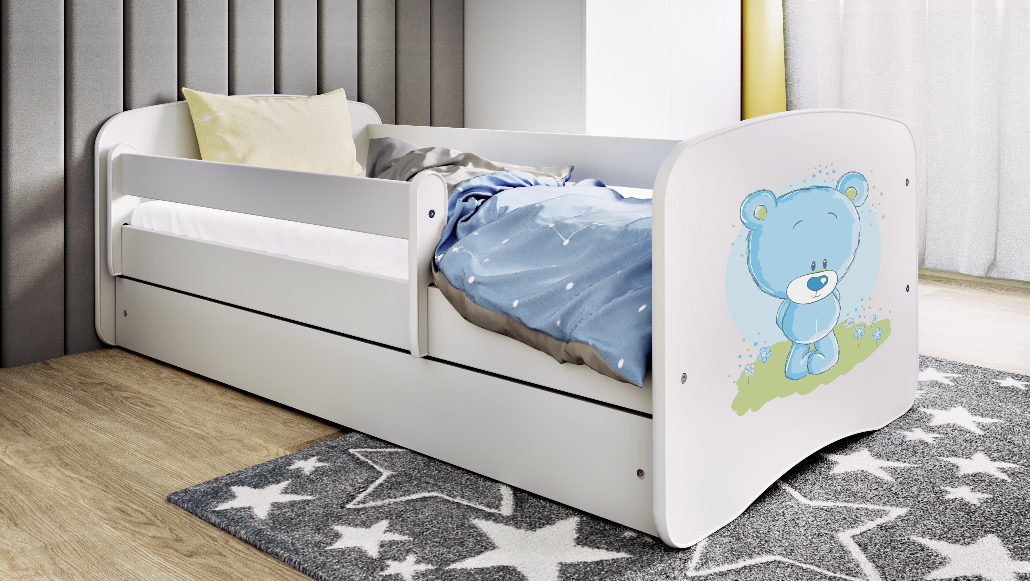 Lit enfant blanc, motif ourson bleu et fleurs