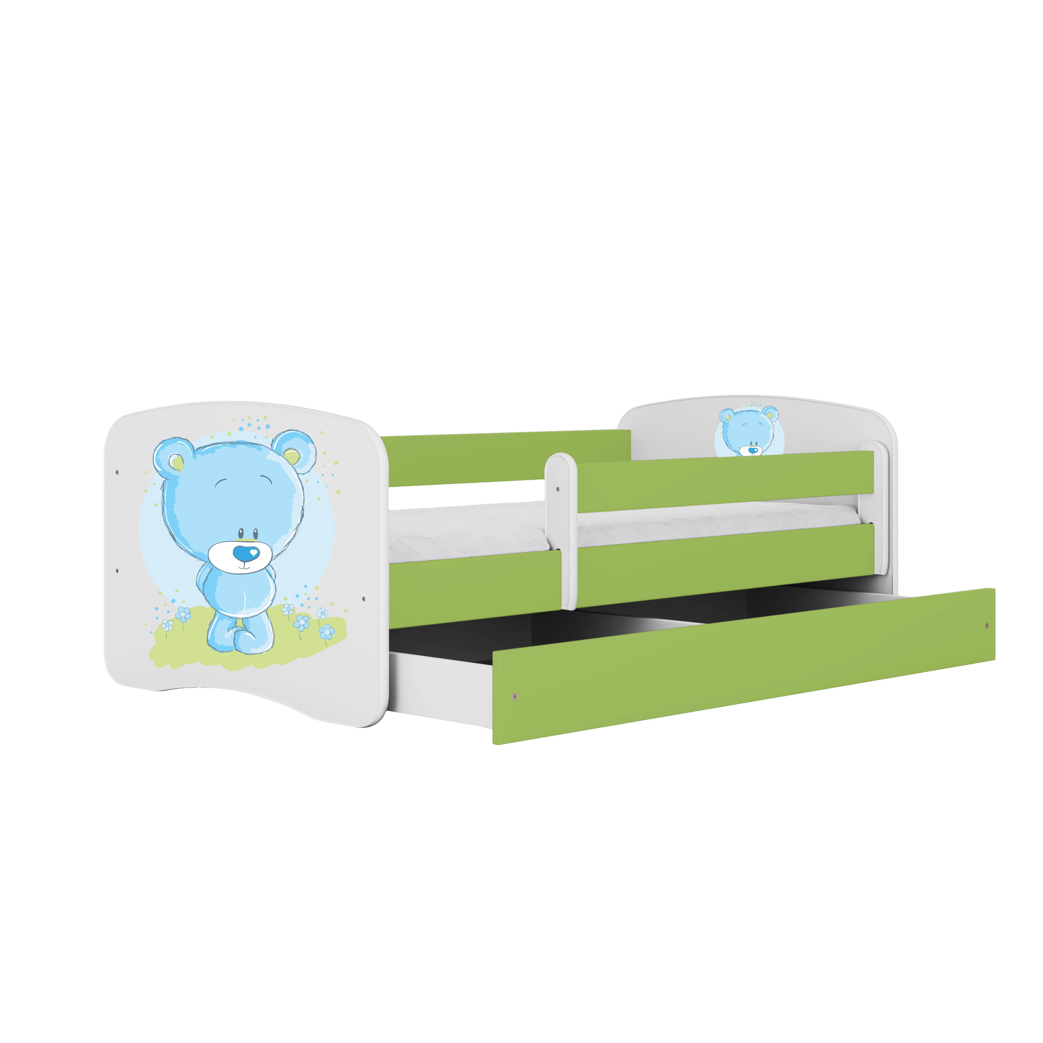 Lit enfant vert, motif ourson bleu et fleurs