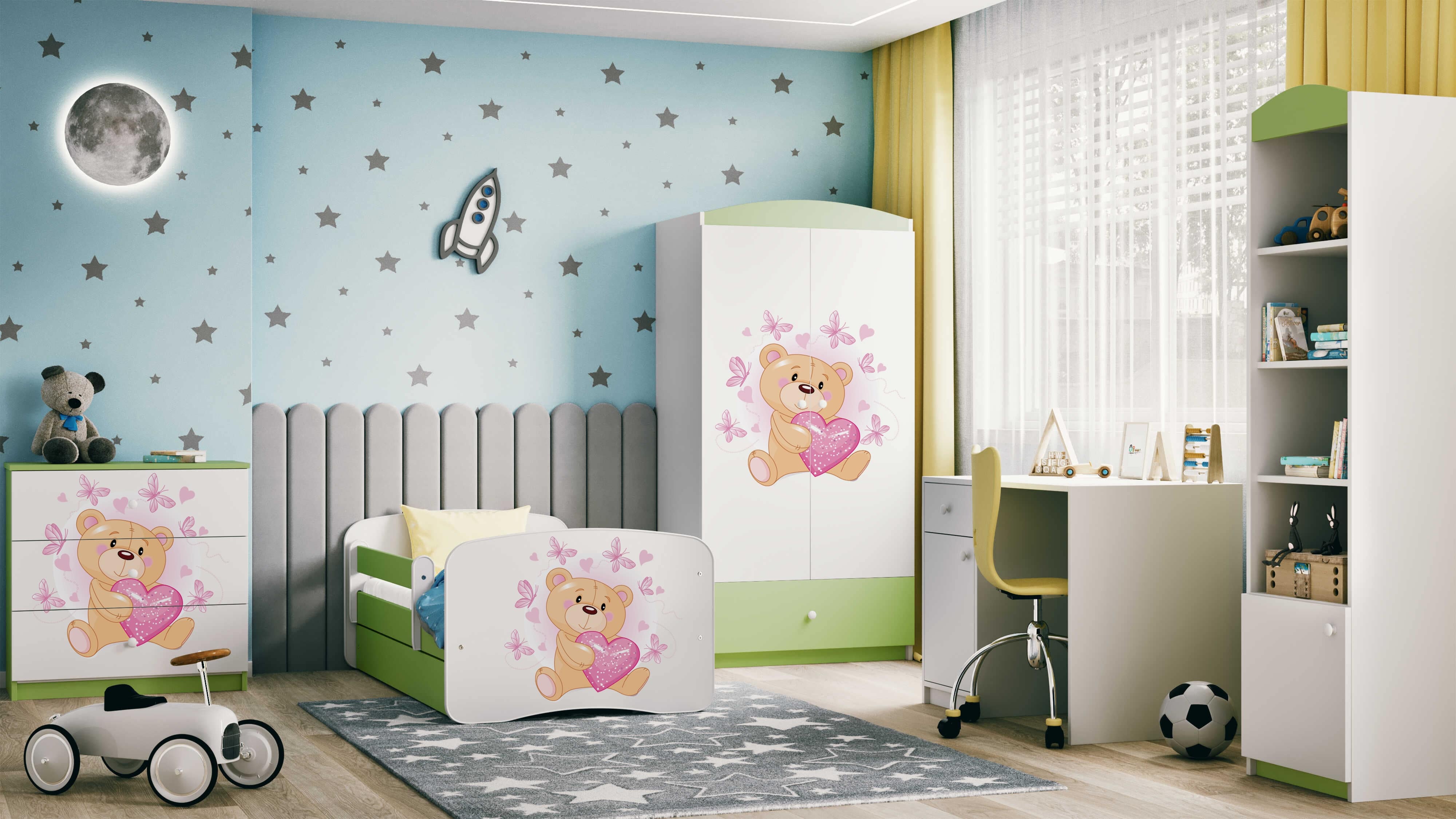 Lit enfant vert, motif ourson et papillons