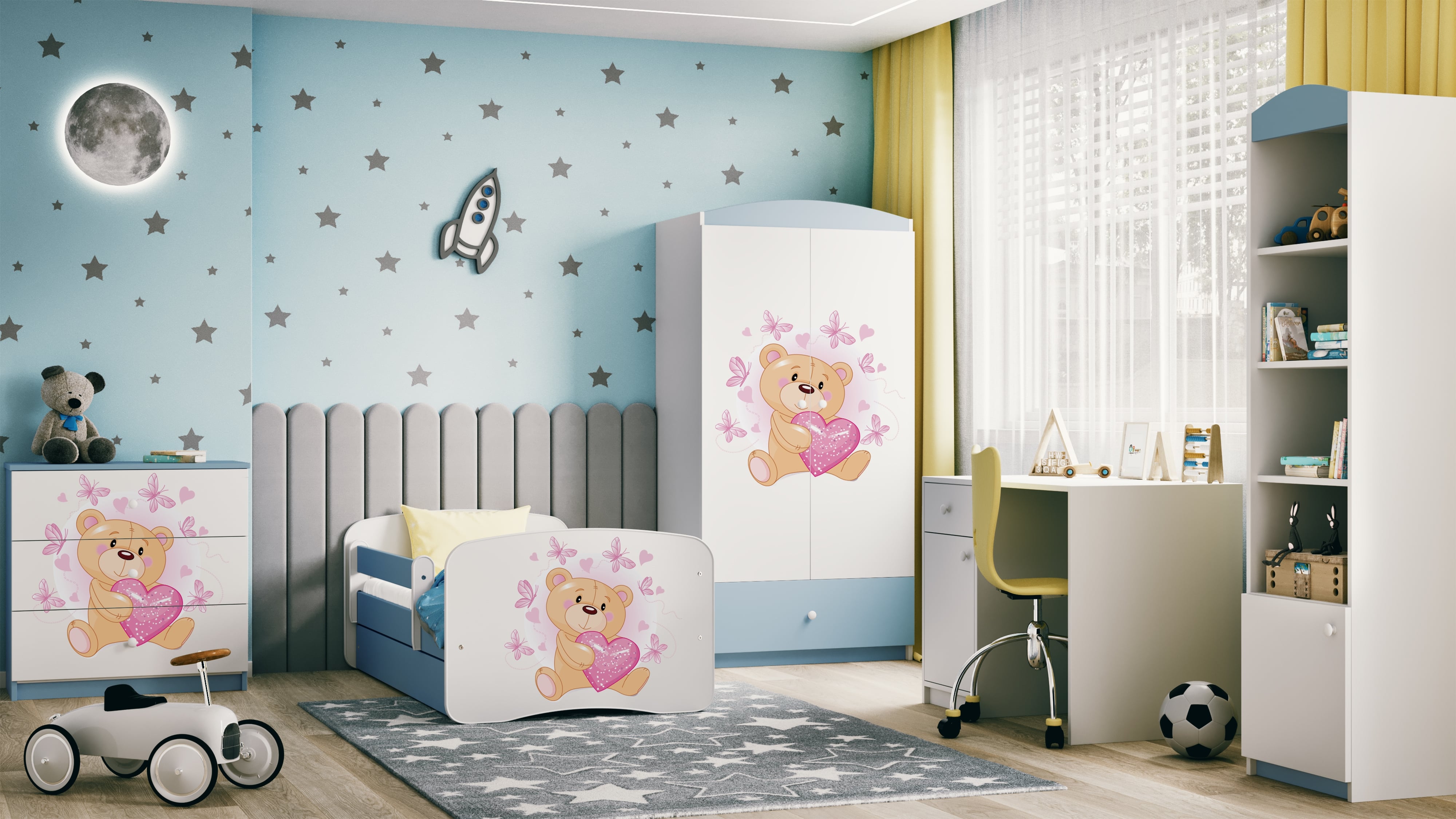 Lit enfant bleu, motif ourson et papillons
