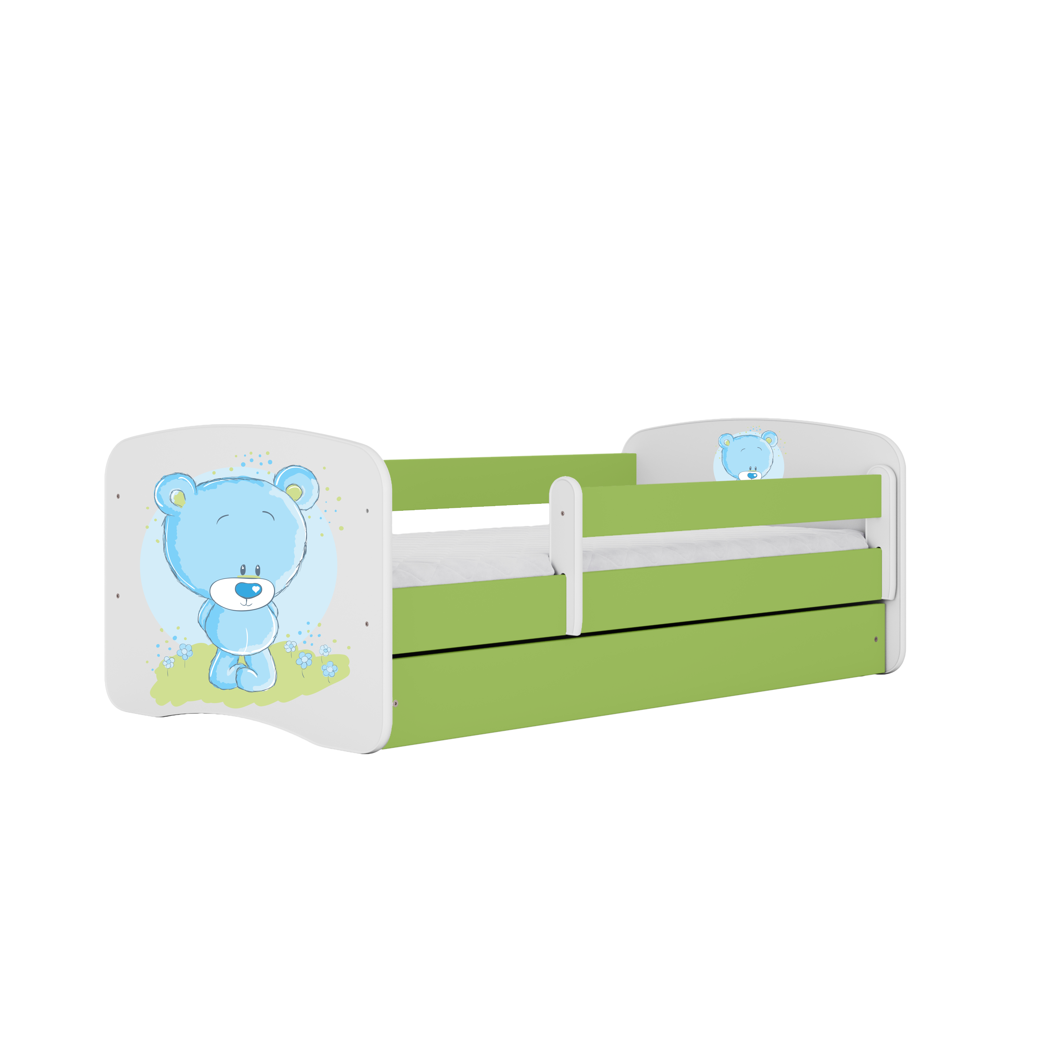 Lit enfant vert, motif ourson bleu et fleurs