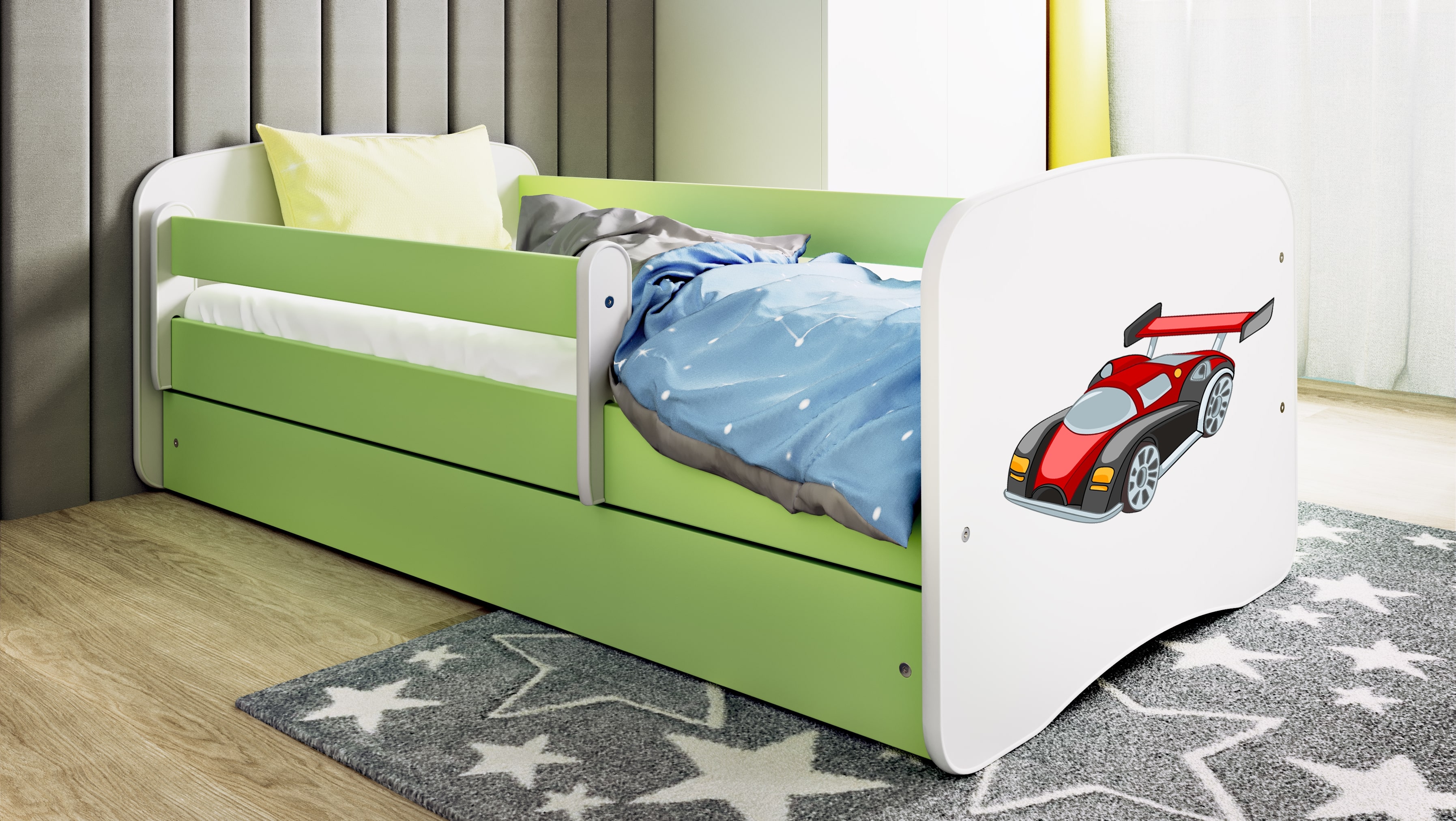 Lit enfant vert, motif voiture de course