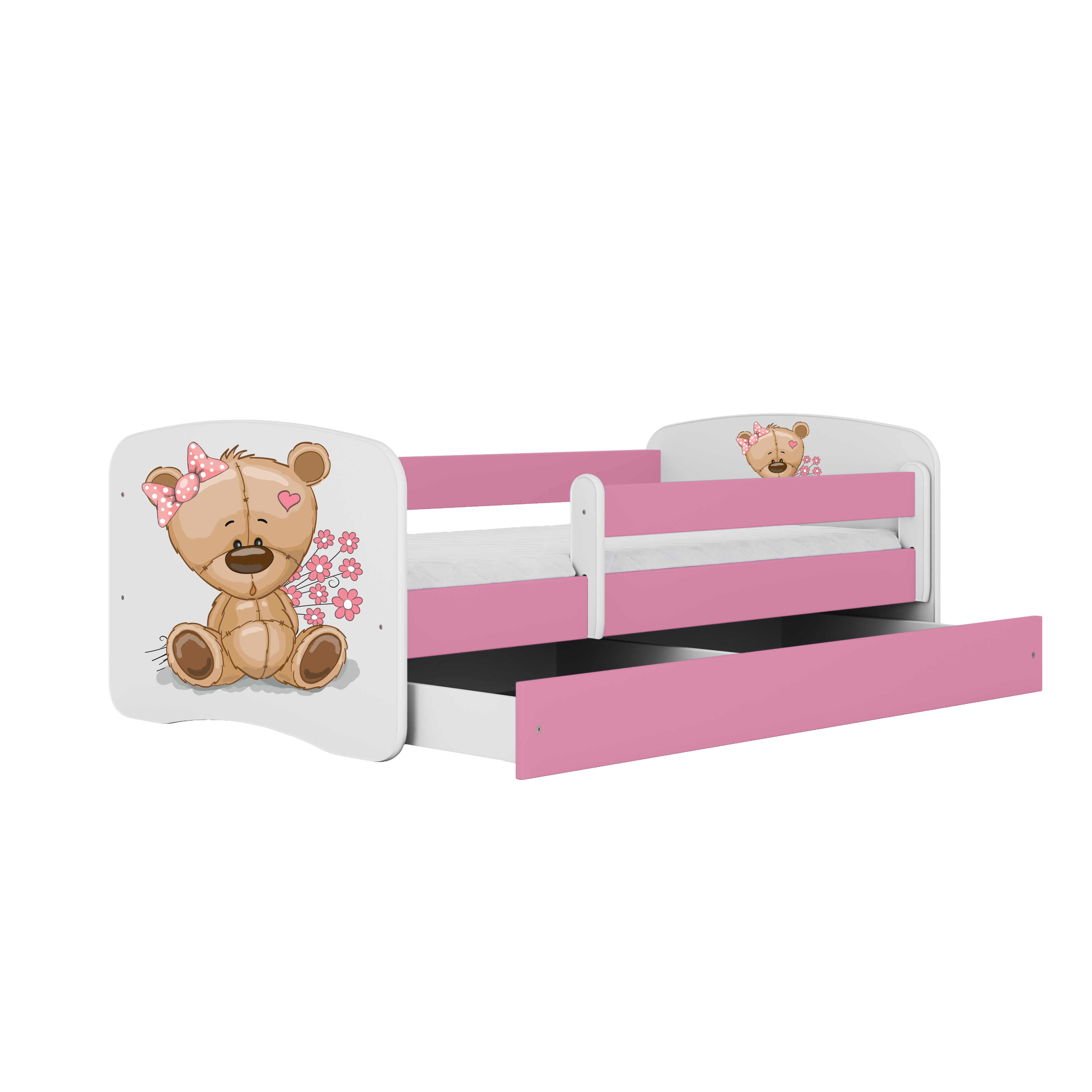 Lit enfant rose, motif ourson et fleurs