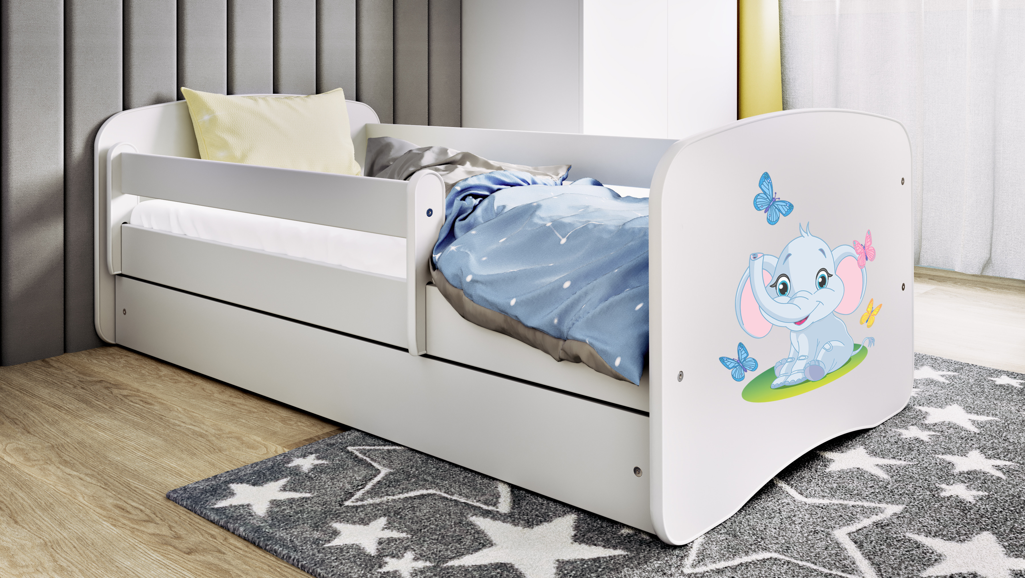 Lit enfant blanc, motif éléphant