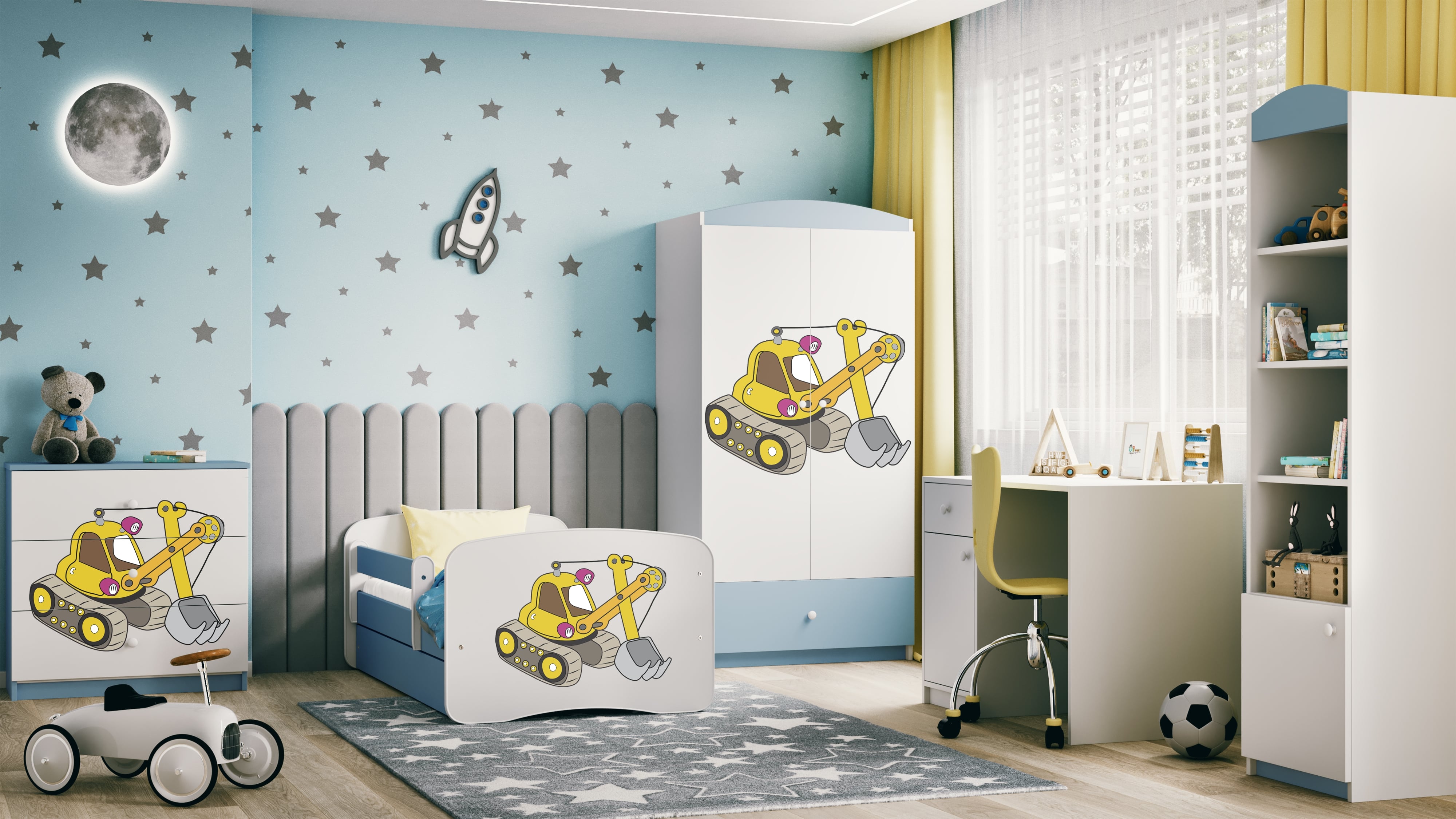 Lit enfant bleu, motif pelleteuse