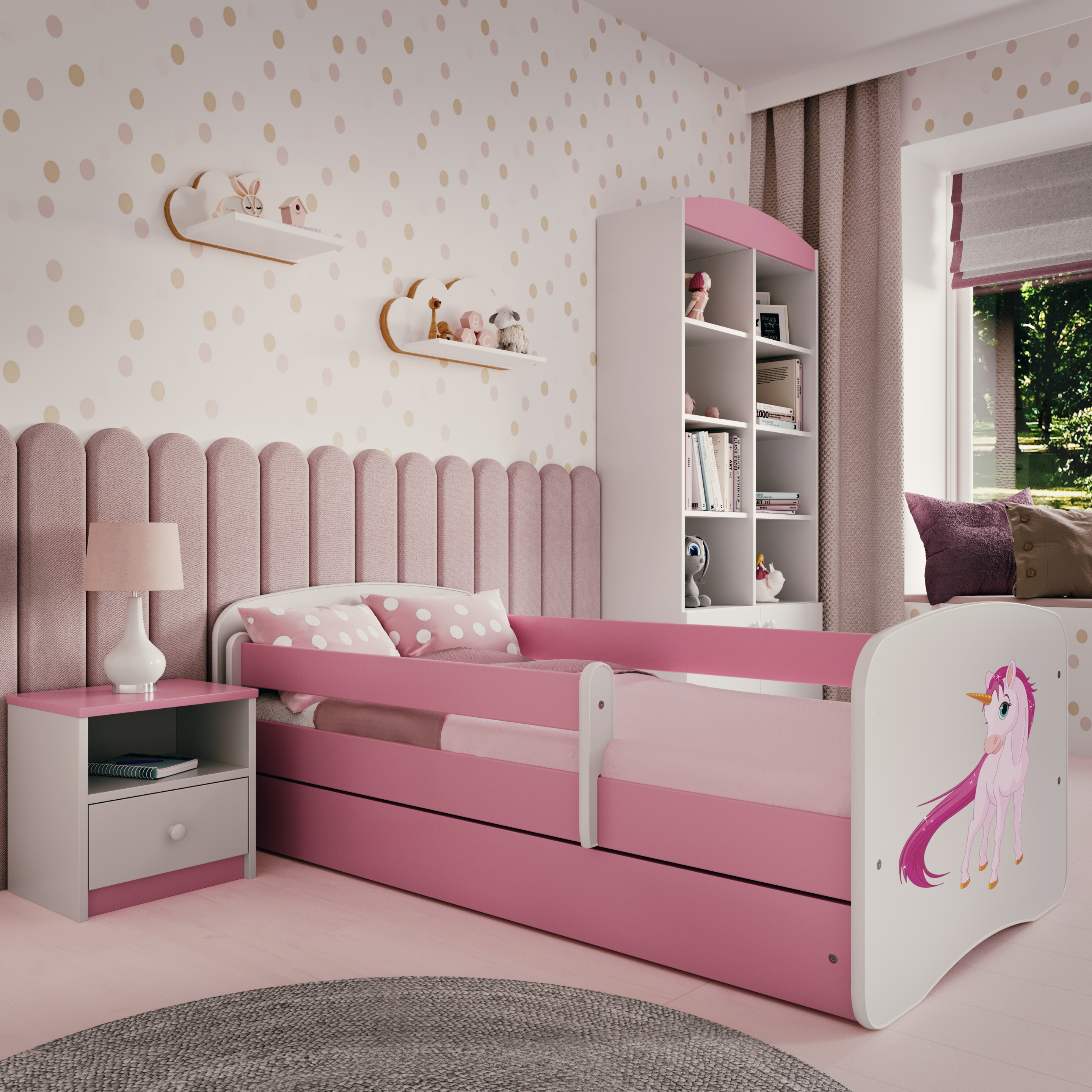Lit enfant rose, motif licorne