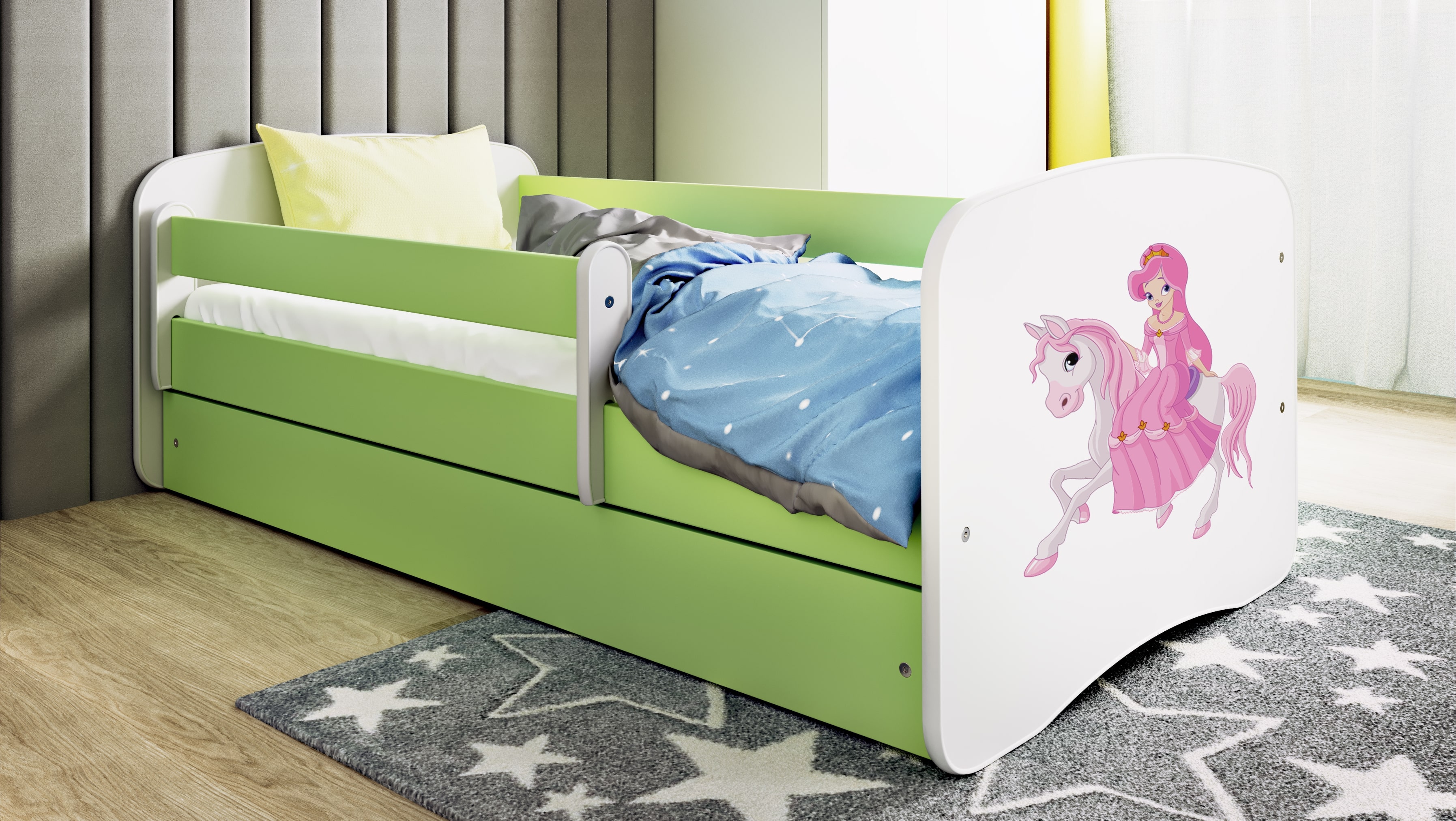 Lit enfant vert, motif princesse à cheval