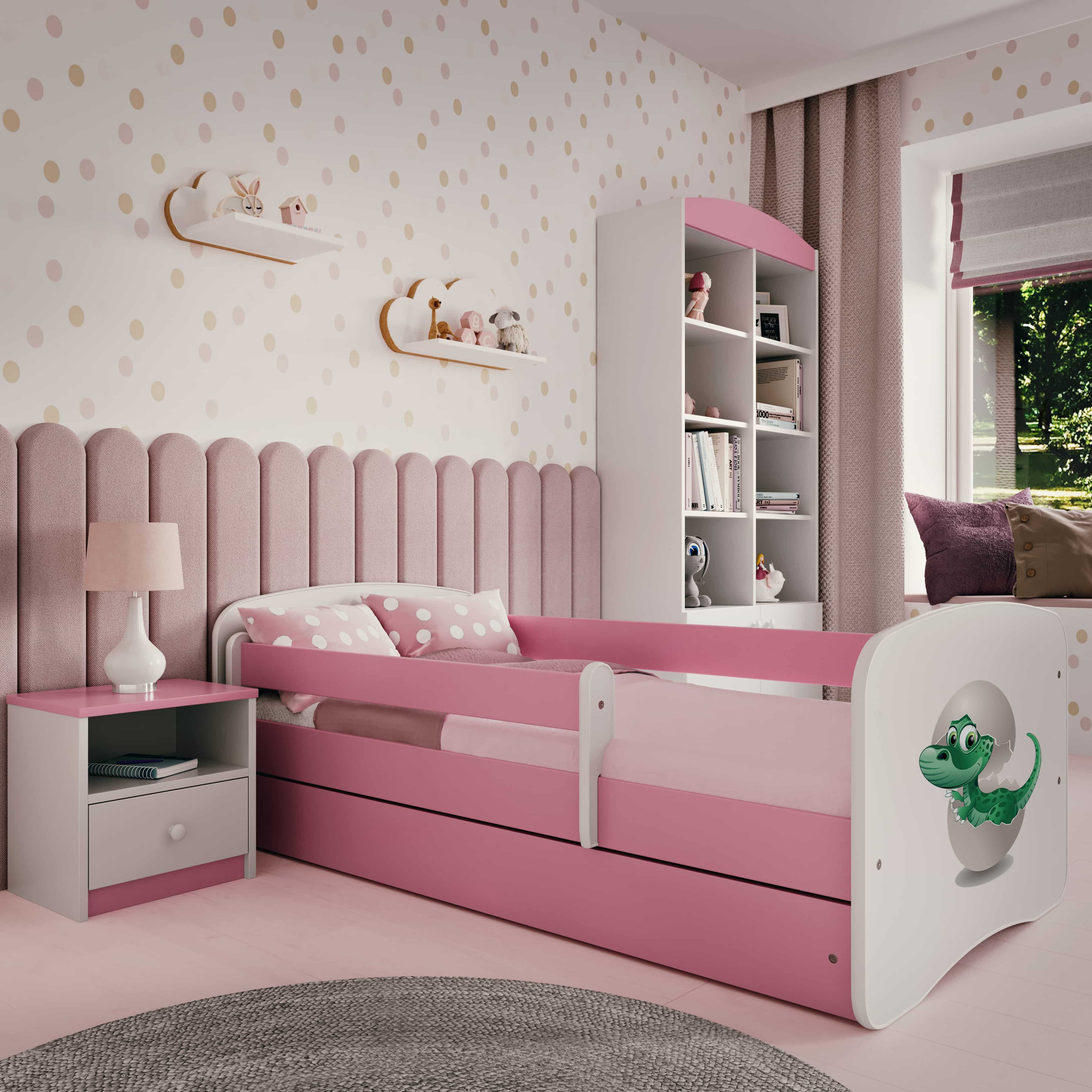 Lit enfant rose, motif petit dinosaure