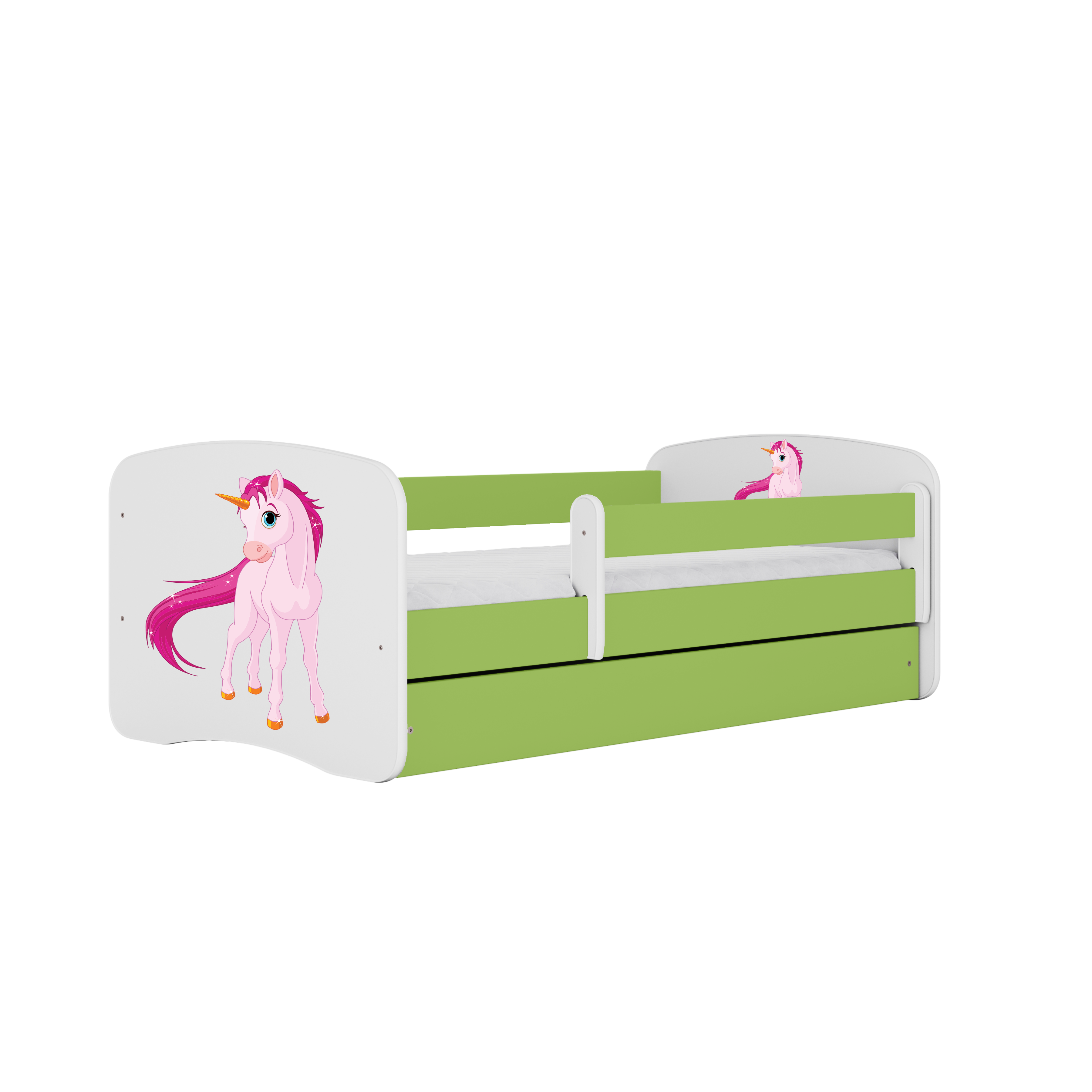 Lit enfant vert, motif licorne