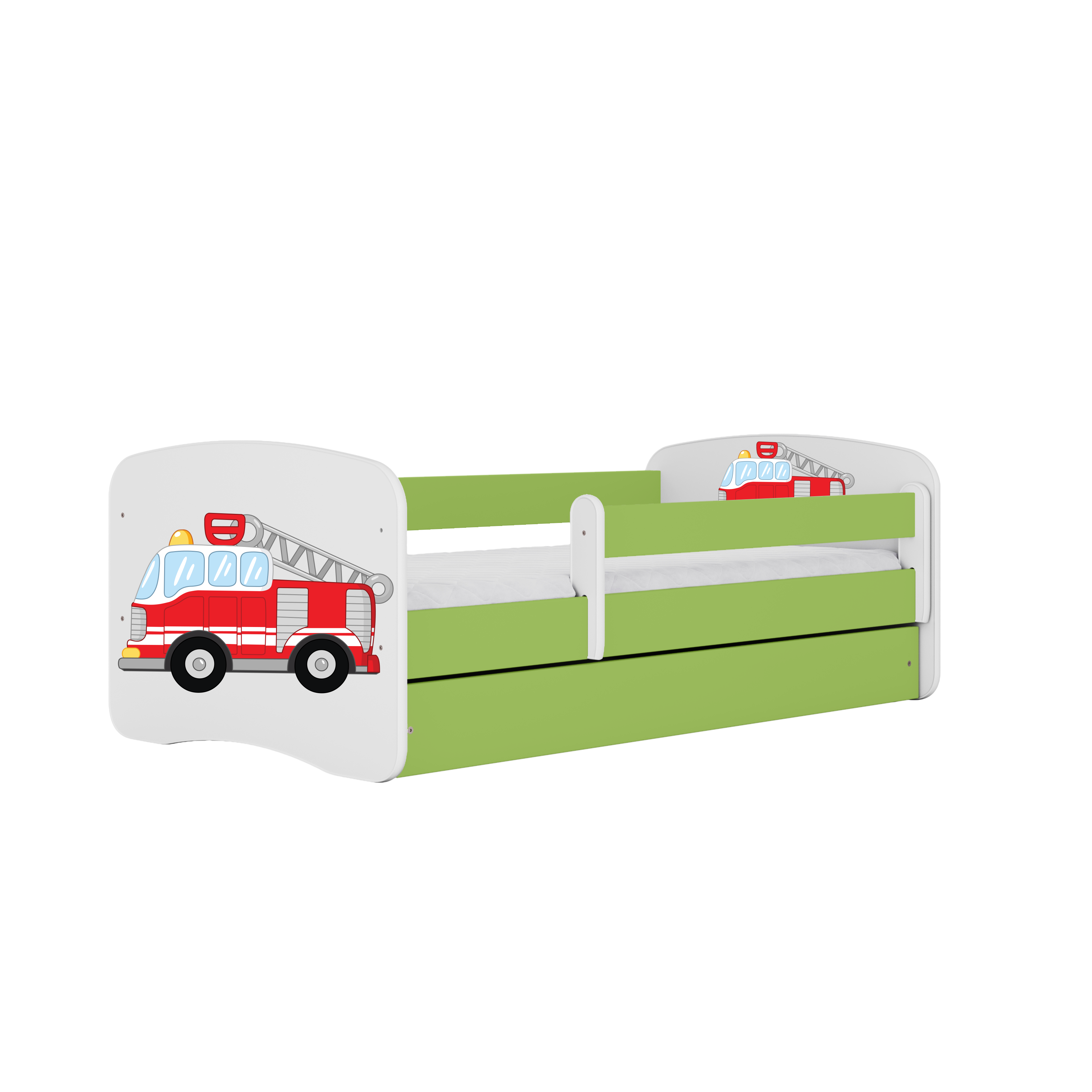 Lit enfant vert, motif camion de pompiers