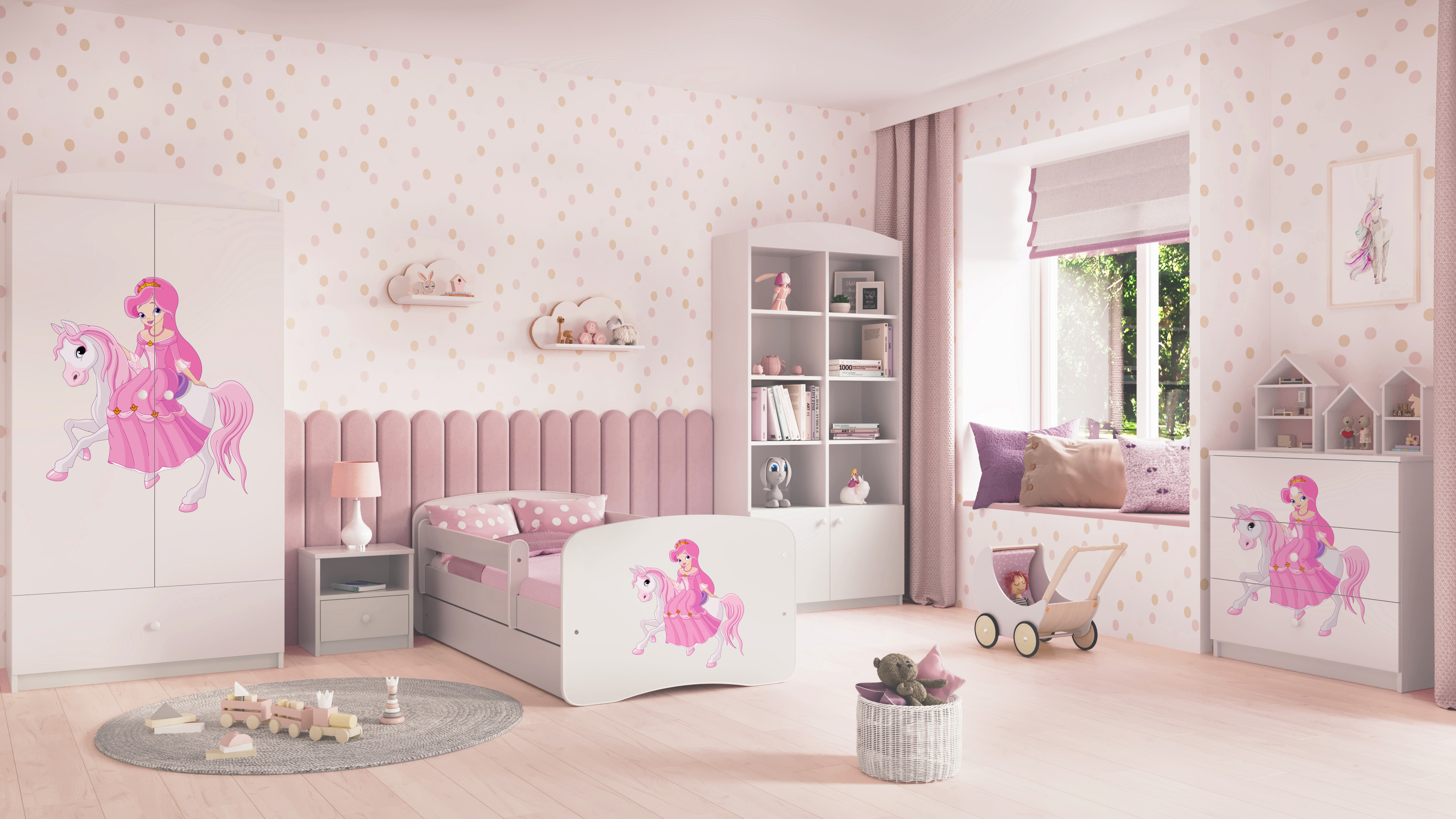 Lit enfant blanc, motif princesse à cheval
