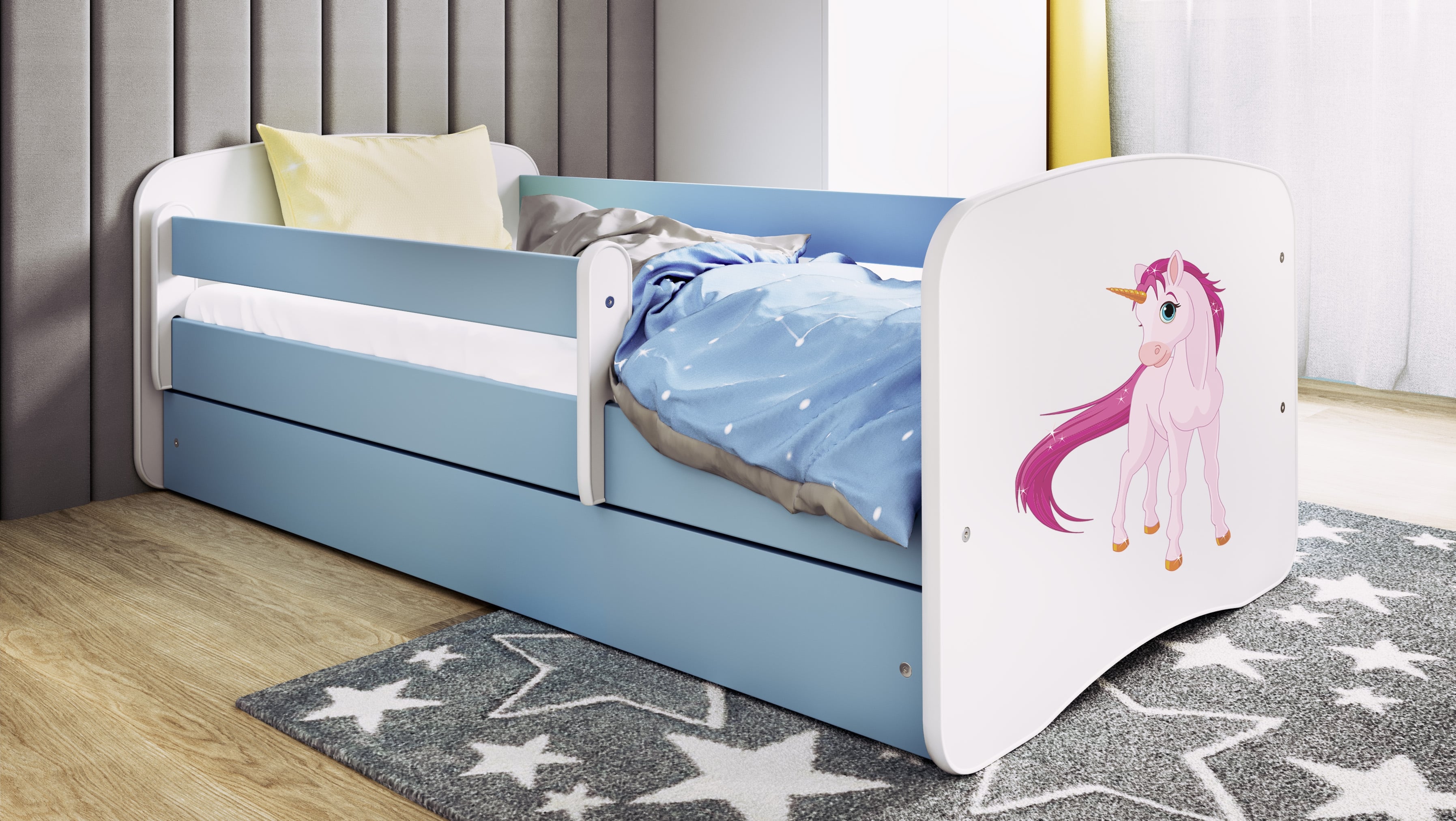 Lit enfant bleu, motif licorne